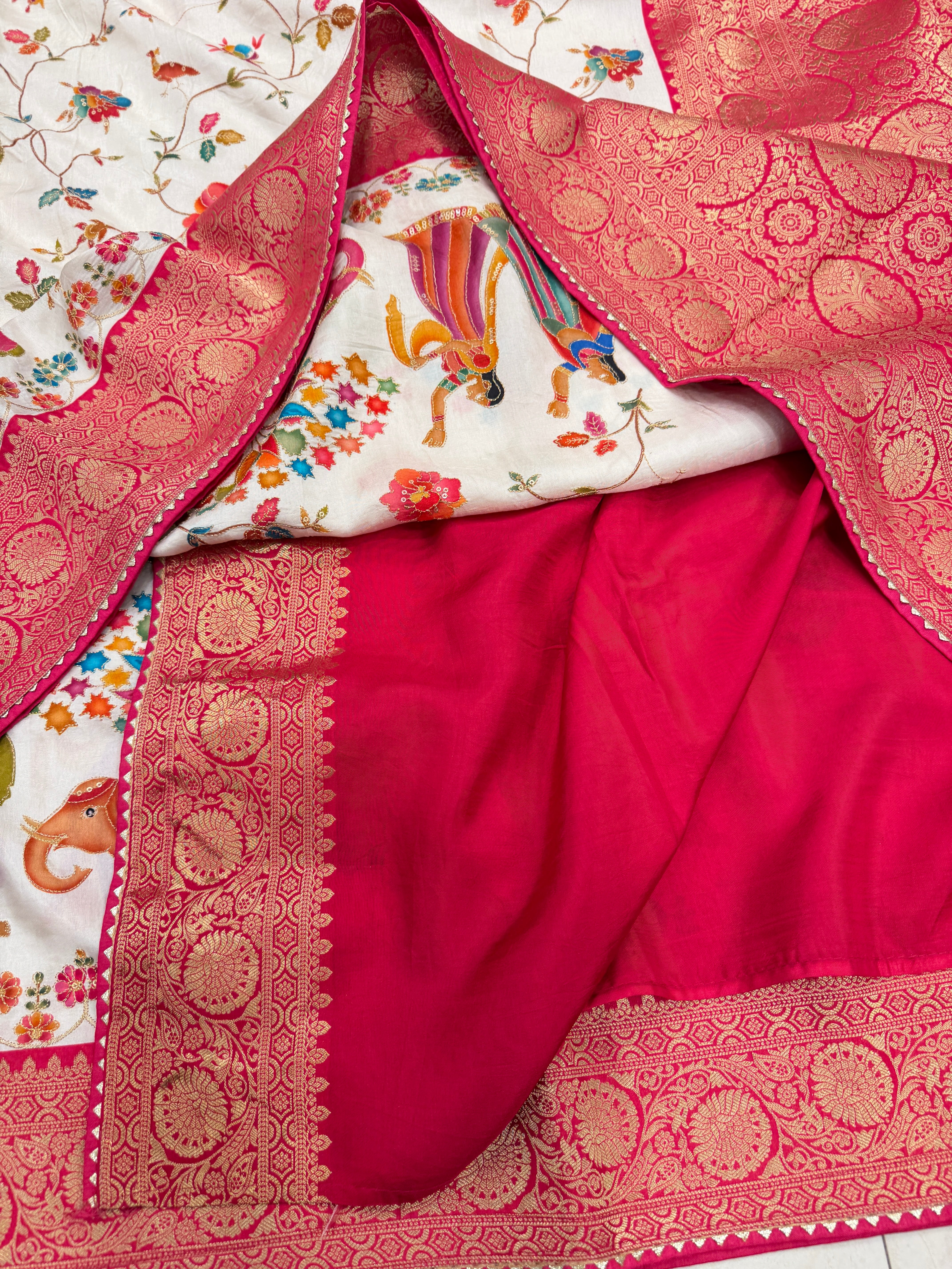 Moti White Baluchari Style Banarasi Munga Pita Embroidery Saree