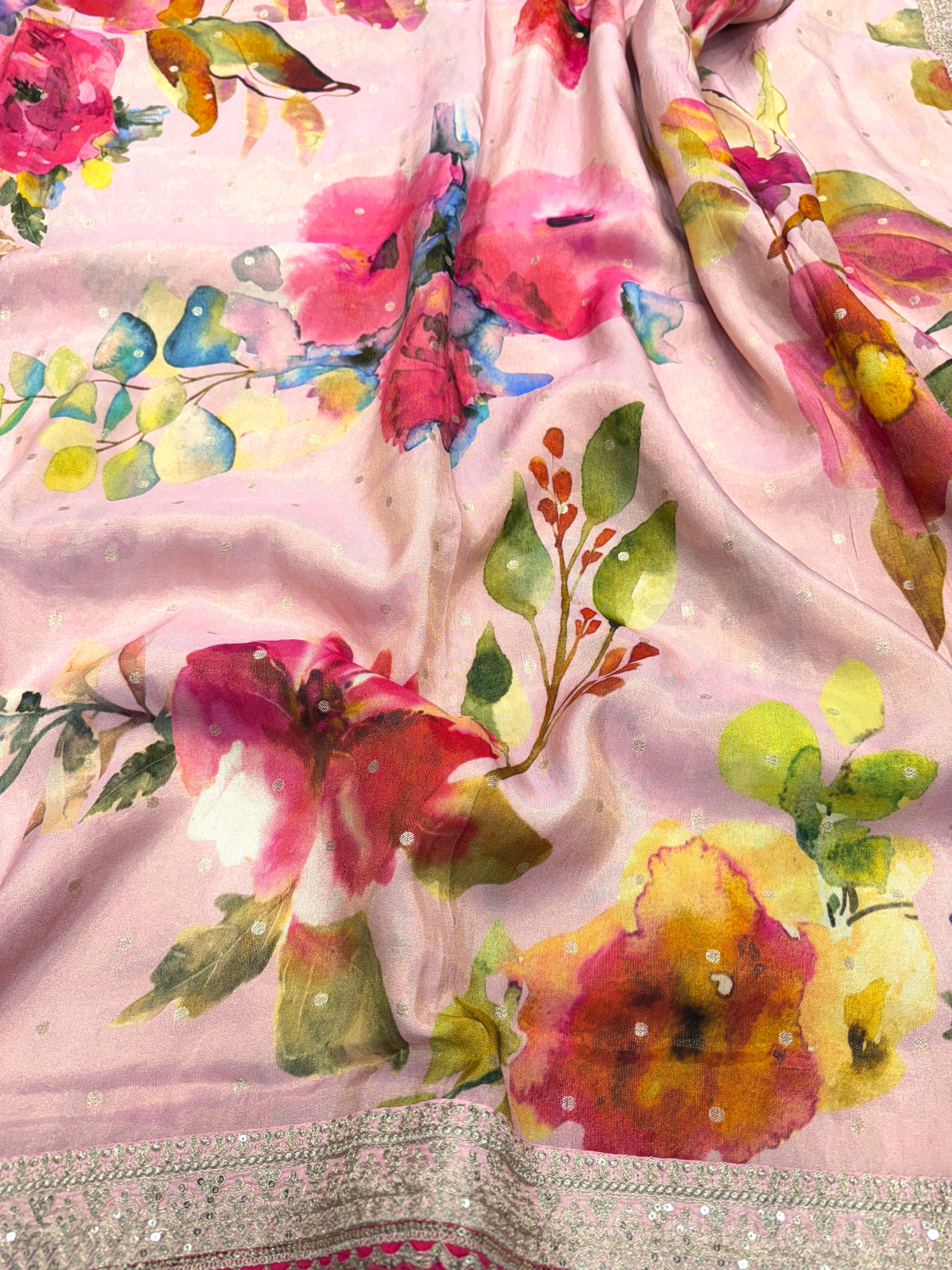 Pink Printed Crepe Tissue Sabyasachi Inspired Border Saree