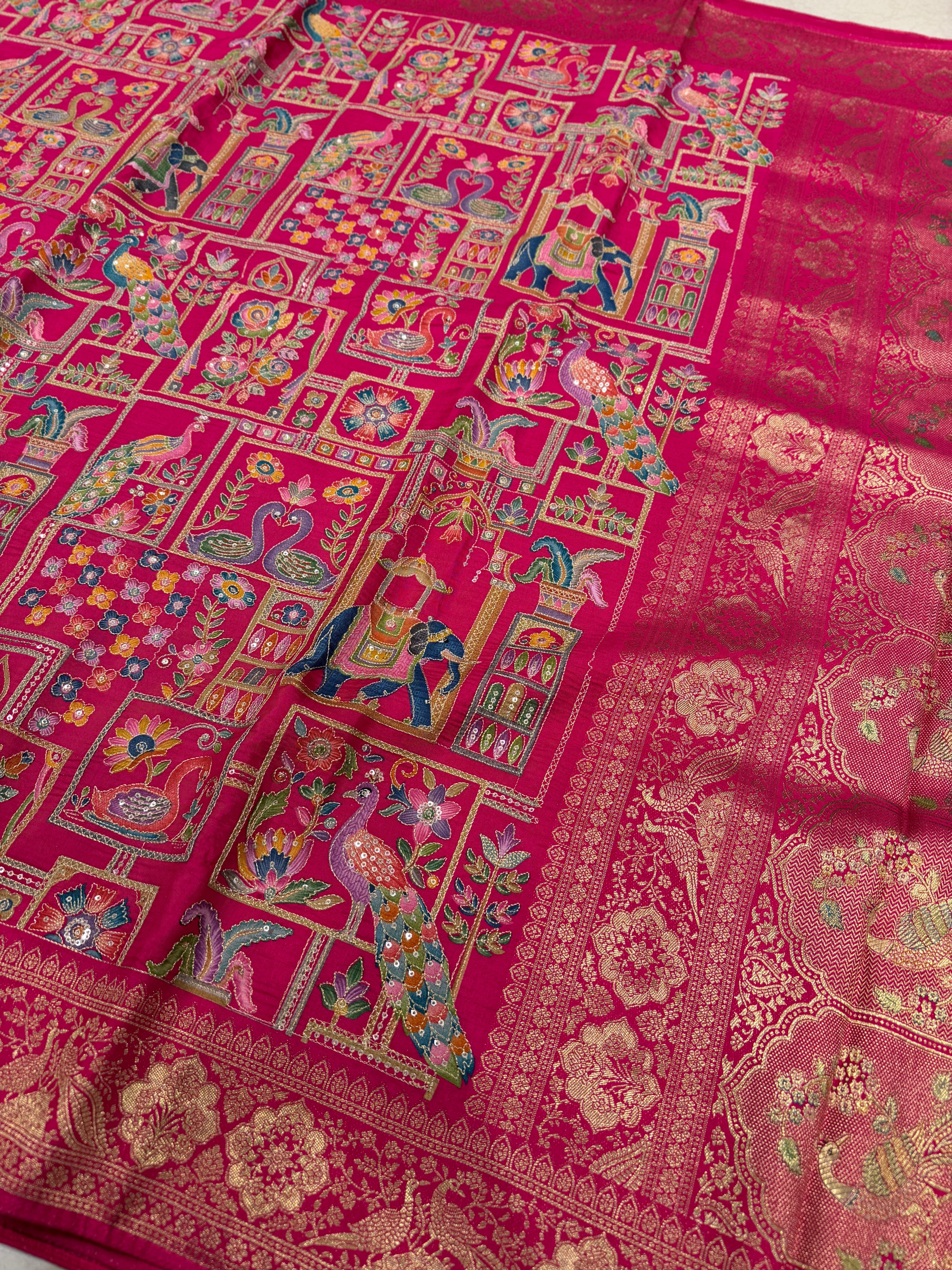 Rani Banarasi Fauna Banarasi Munga Pita Embroidery Saree
