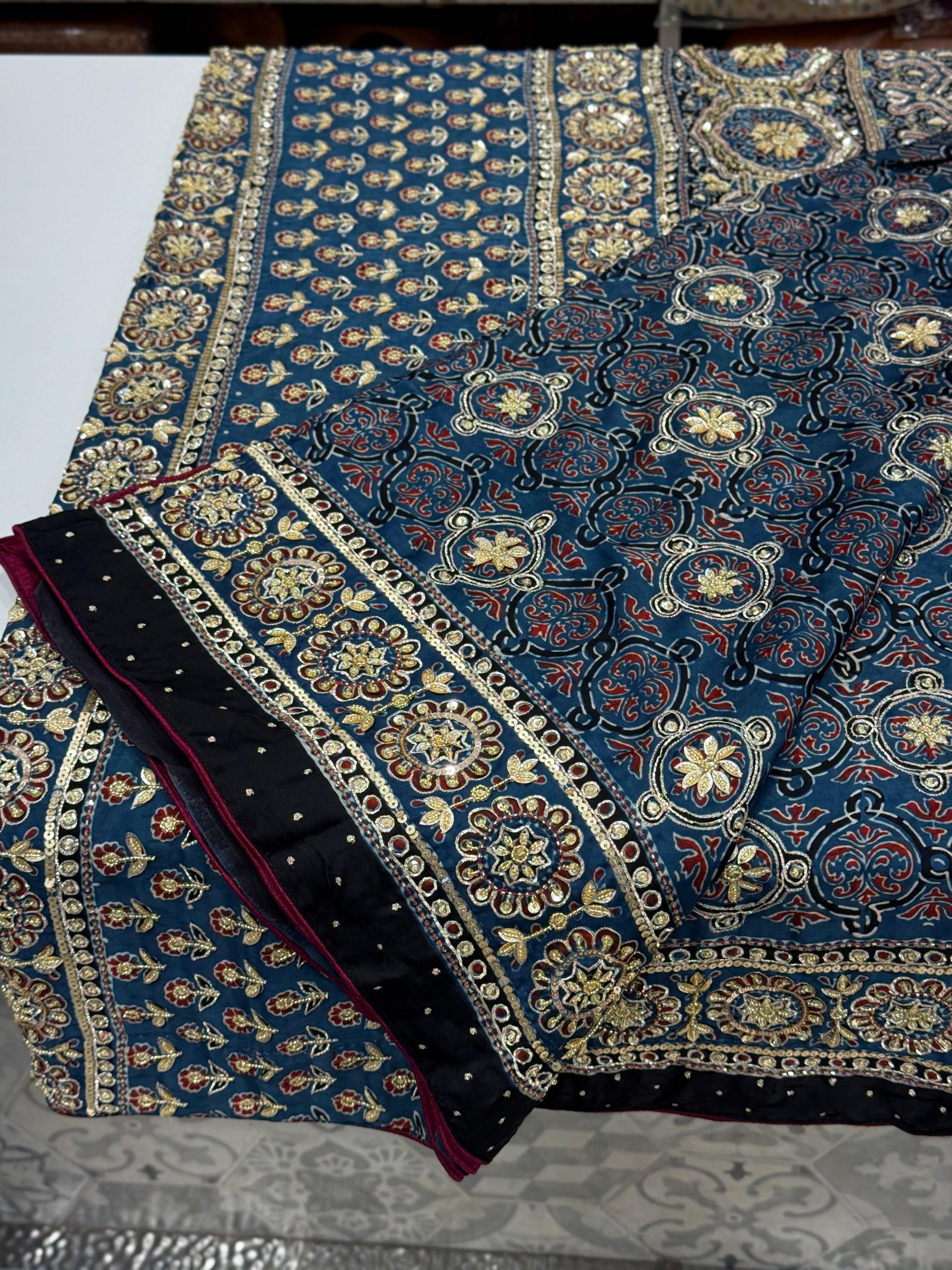 Blue Badam Jaal Pita Zardosi Sequin Ajrakh Hand Embroidery Saree