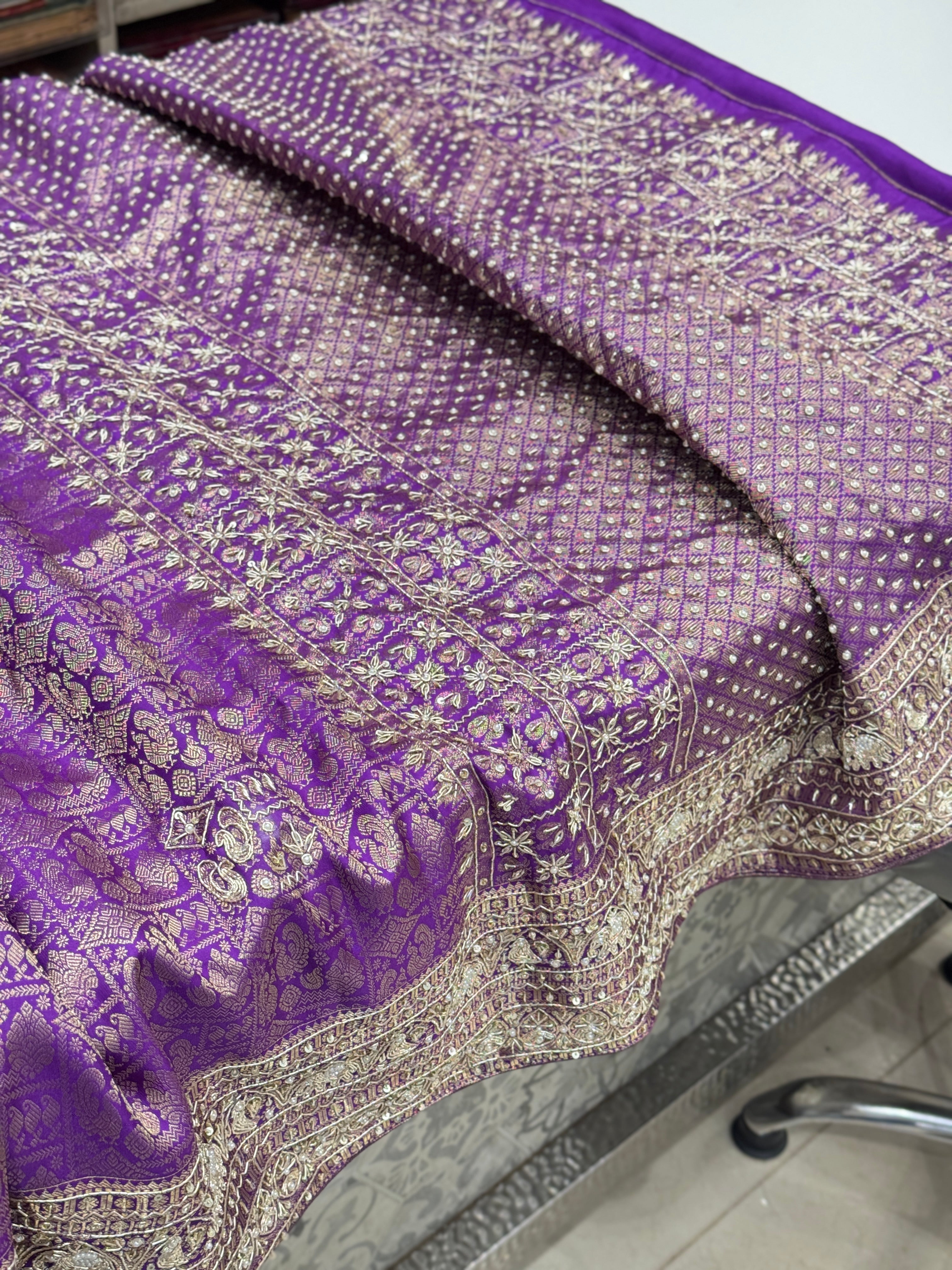 Violet Kanjivaram Peacock Motif Zardozi Hand Embroidery Saree