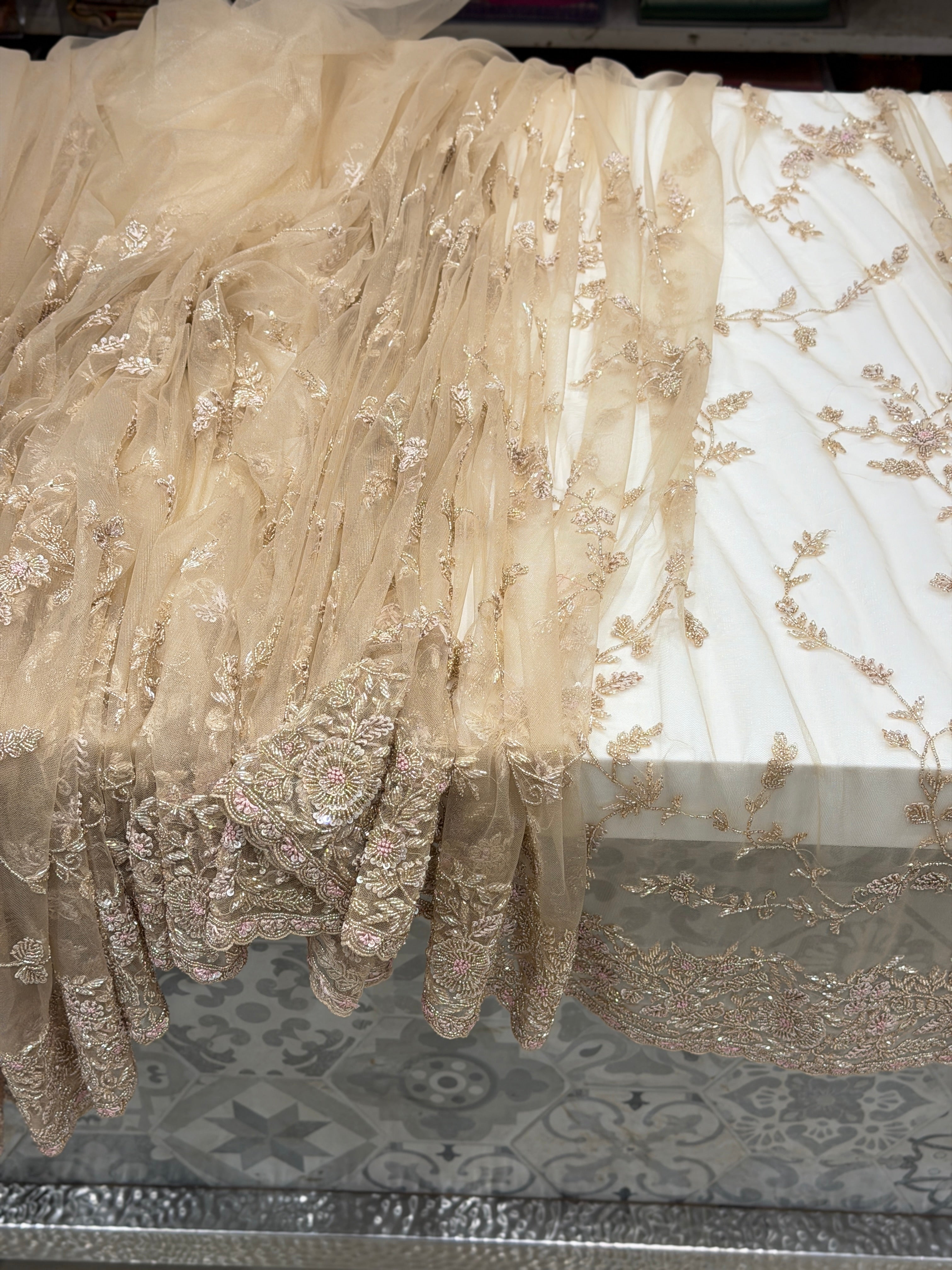 Golden Net Hand Embroidery Zardosi Moti Knot Work Saree