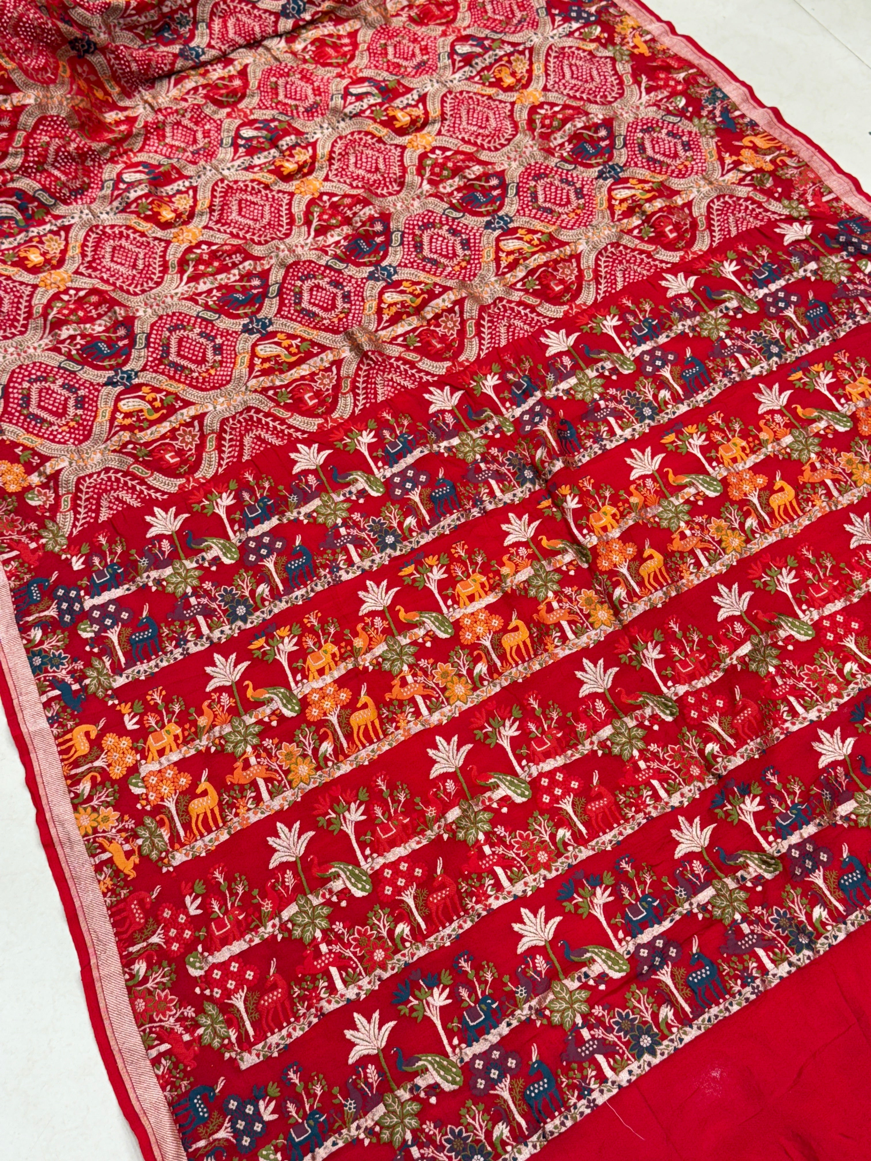 Red Meenakari Rai Bandhej Shikara Border Saree