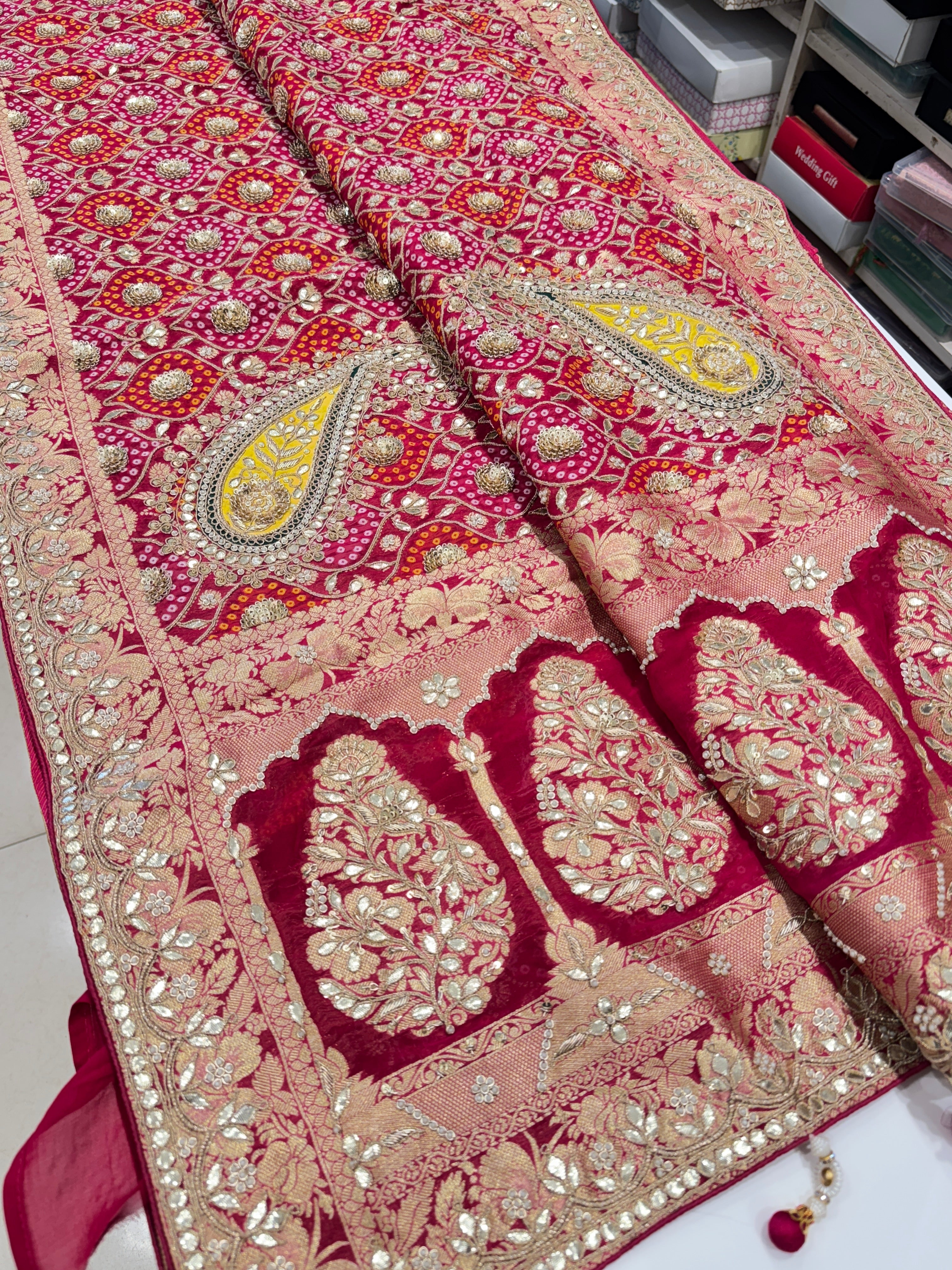 Rani Pink Georgette Woven Bandhej Gotapatti Zardosi Hand Embroidery Saree