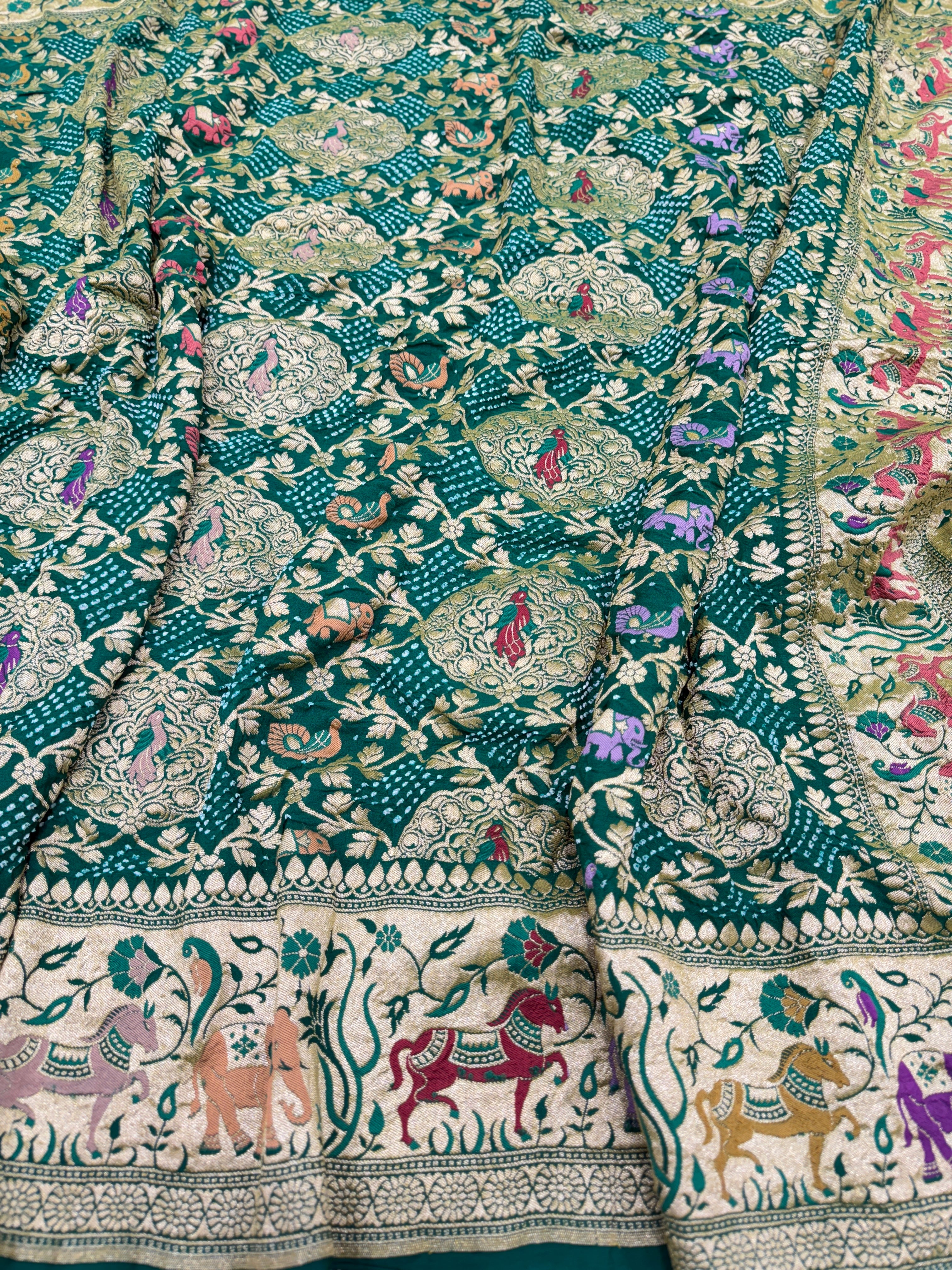 Bottle Green Bandhej Meenakari Kadwa Saree