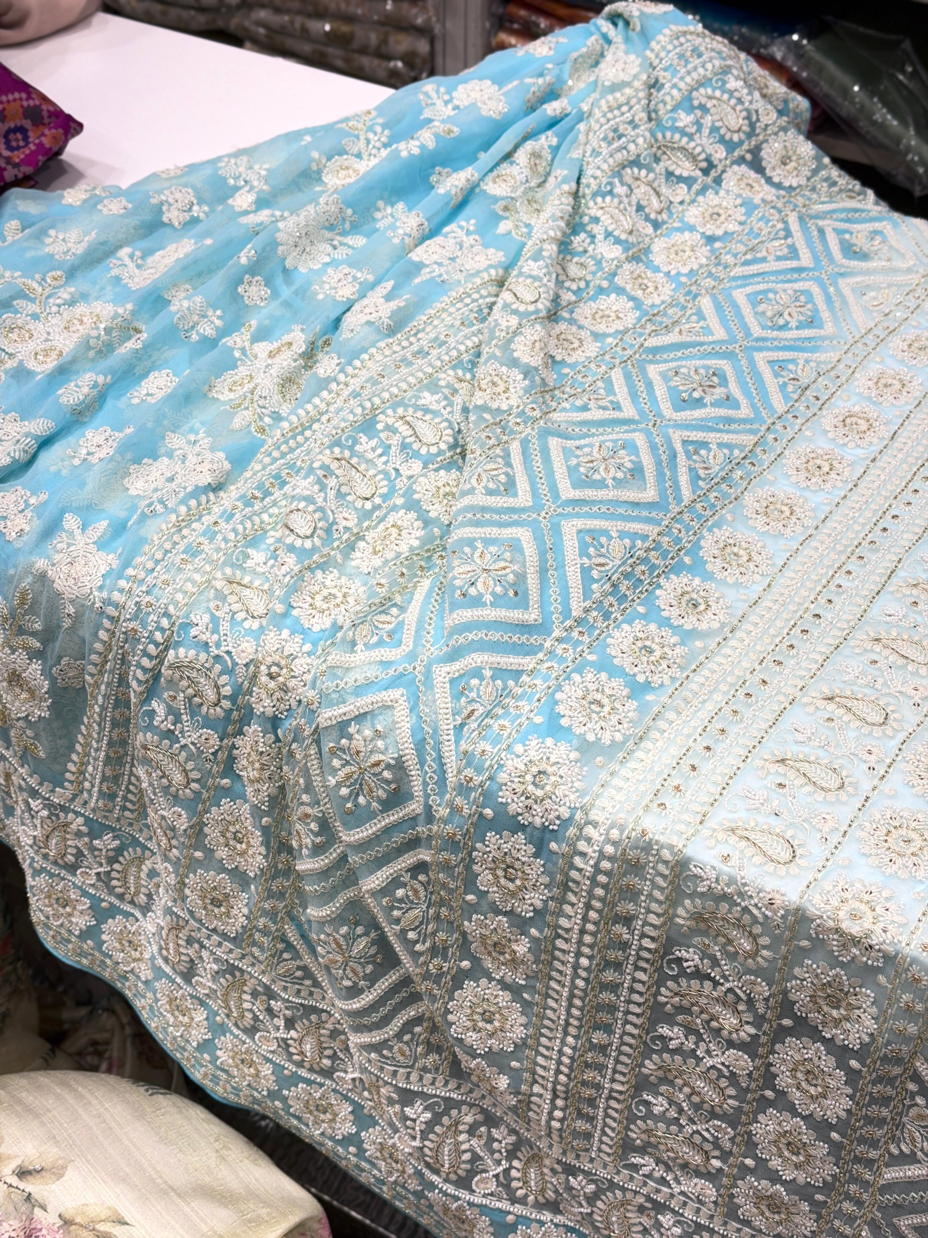 Blue Chikankari Zardosi Moti Hand Embroidery Saree