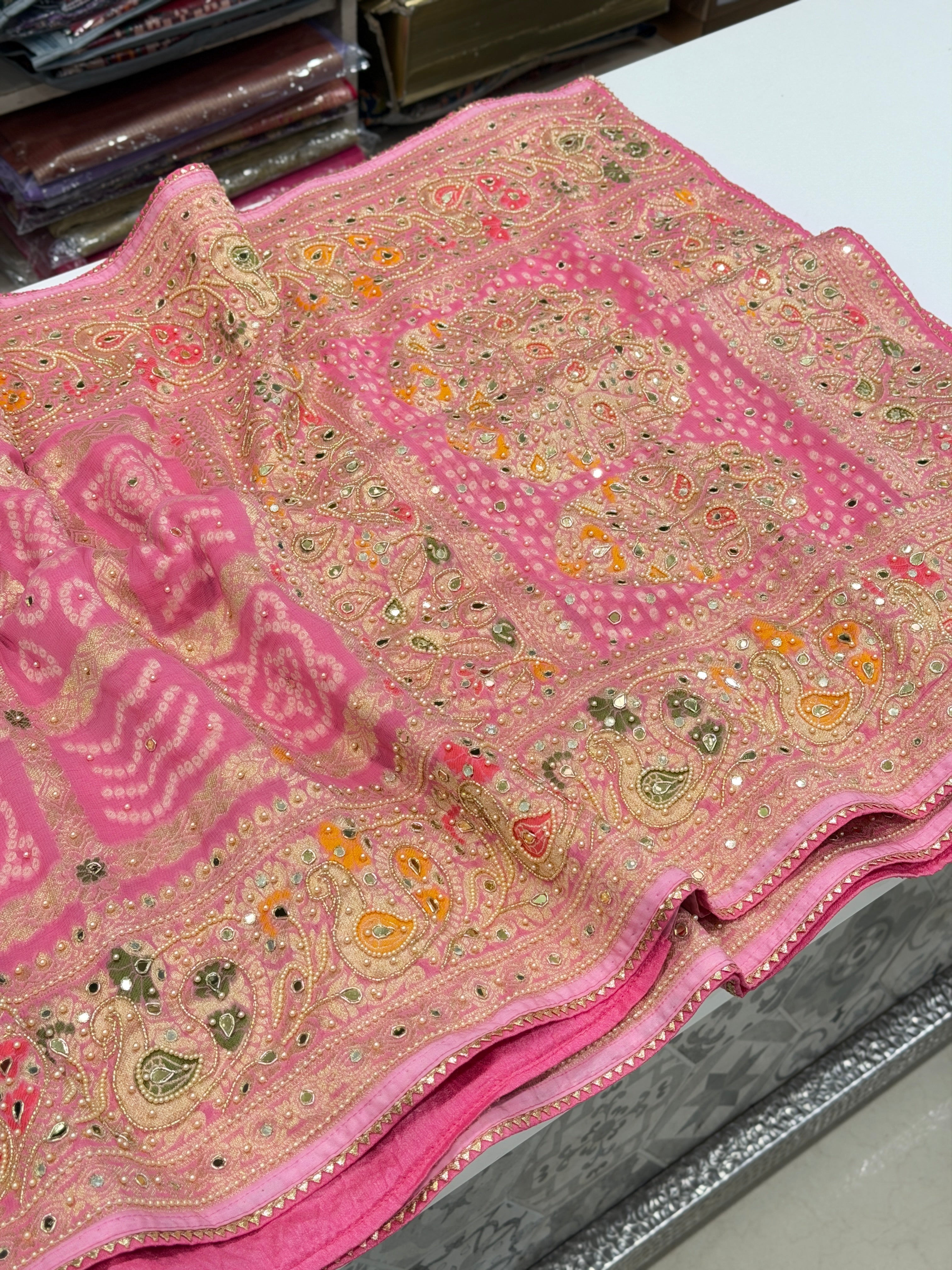 Pink Gharchola Moti Hand Embroidery Saree