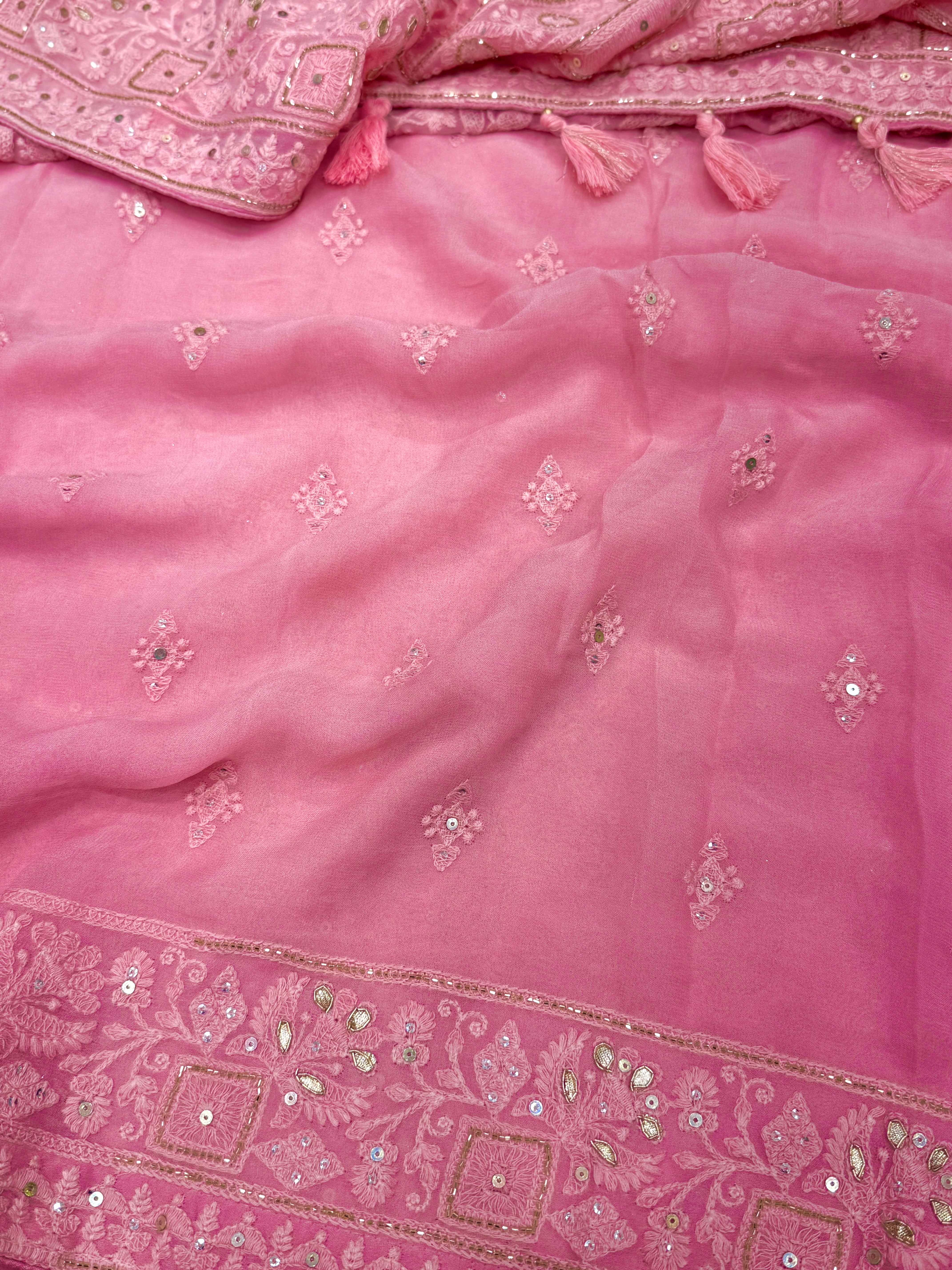 Pink Chikankari on Georgette with Cutdana Hand Embroidery