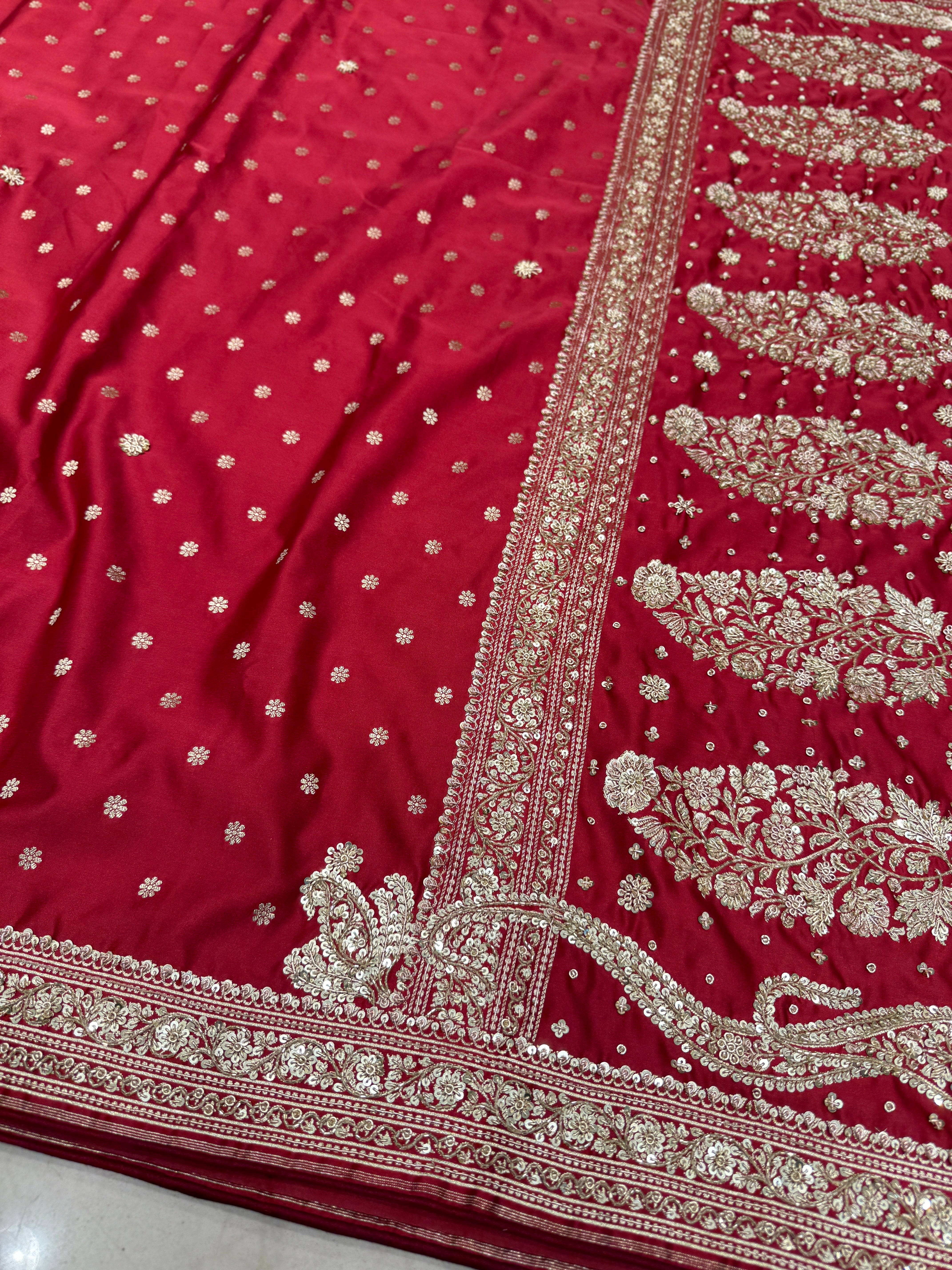 Maroon Banarasi Star Butti Hand Done Zardozi Saree