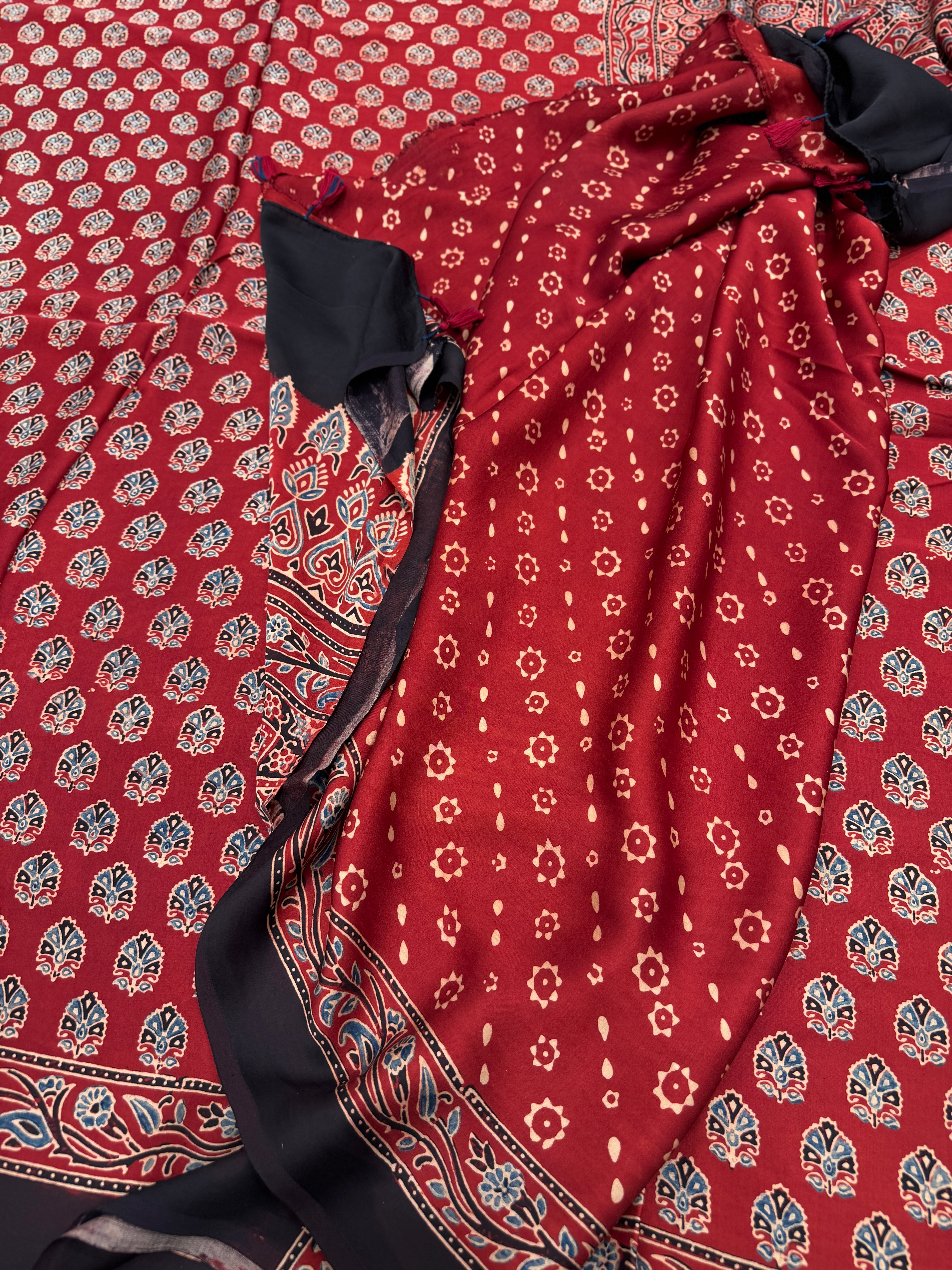 Red Keri Buttas Ajrakh Block Print Hand Pure Gajji Silk Saree