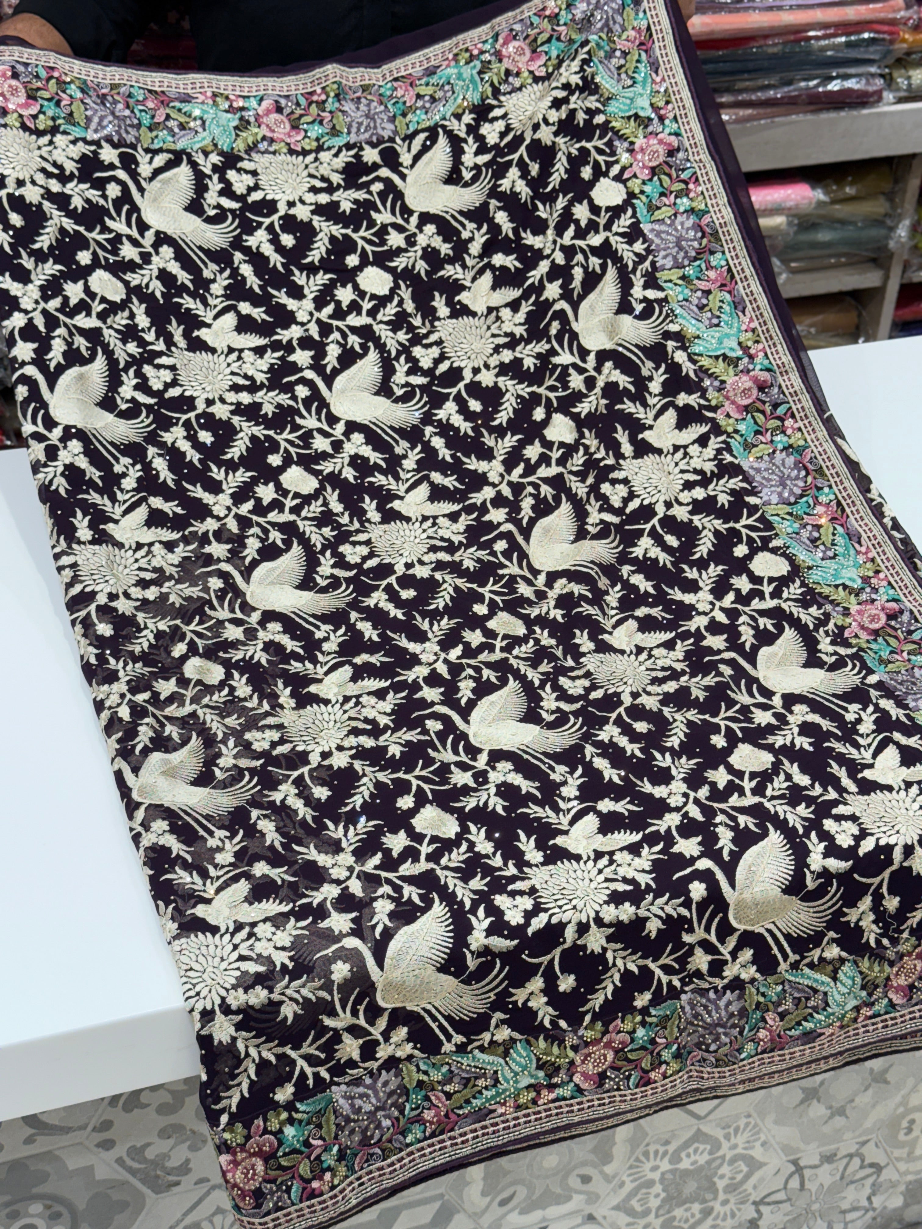 Black Parsi Gara Saree with Stone Work Resham Embroidery