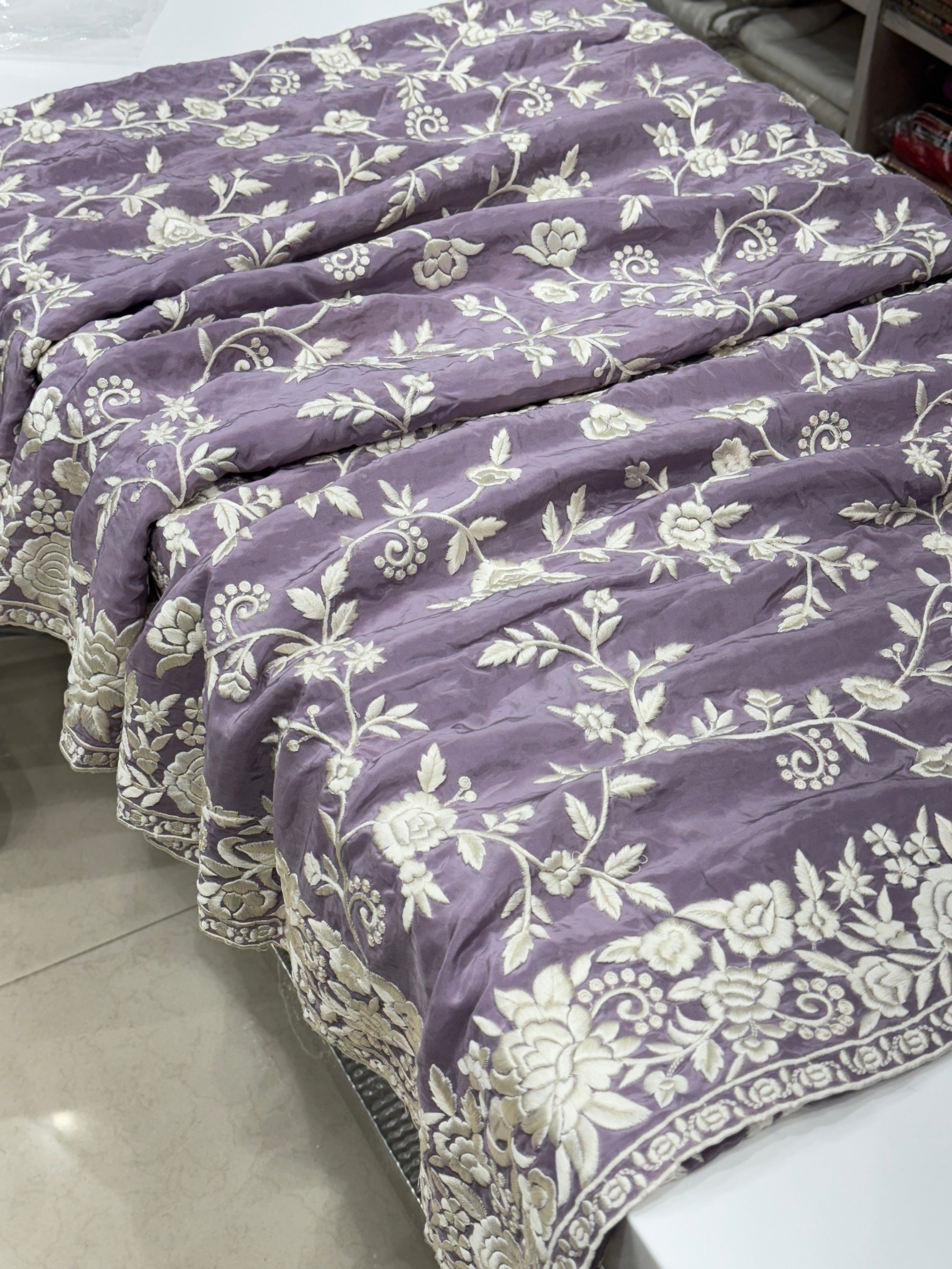 Lilac Crepe Floral Parsi Gara Saree