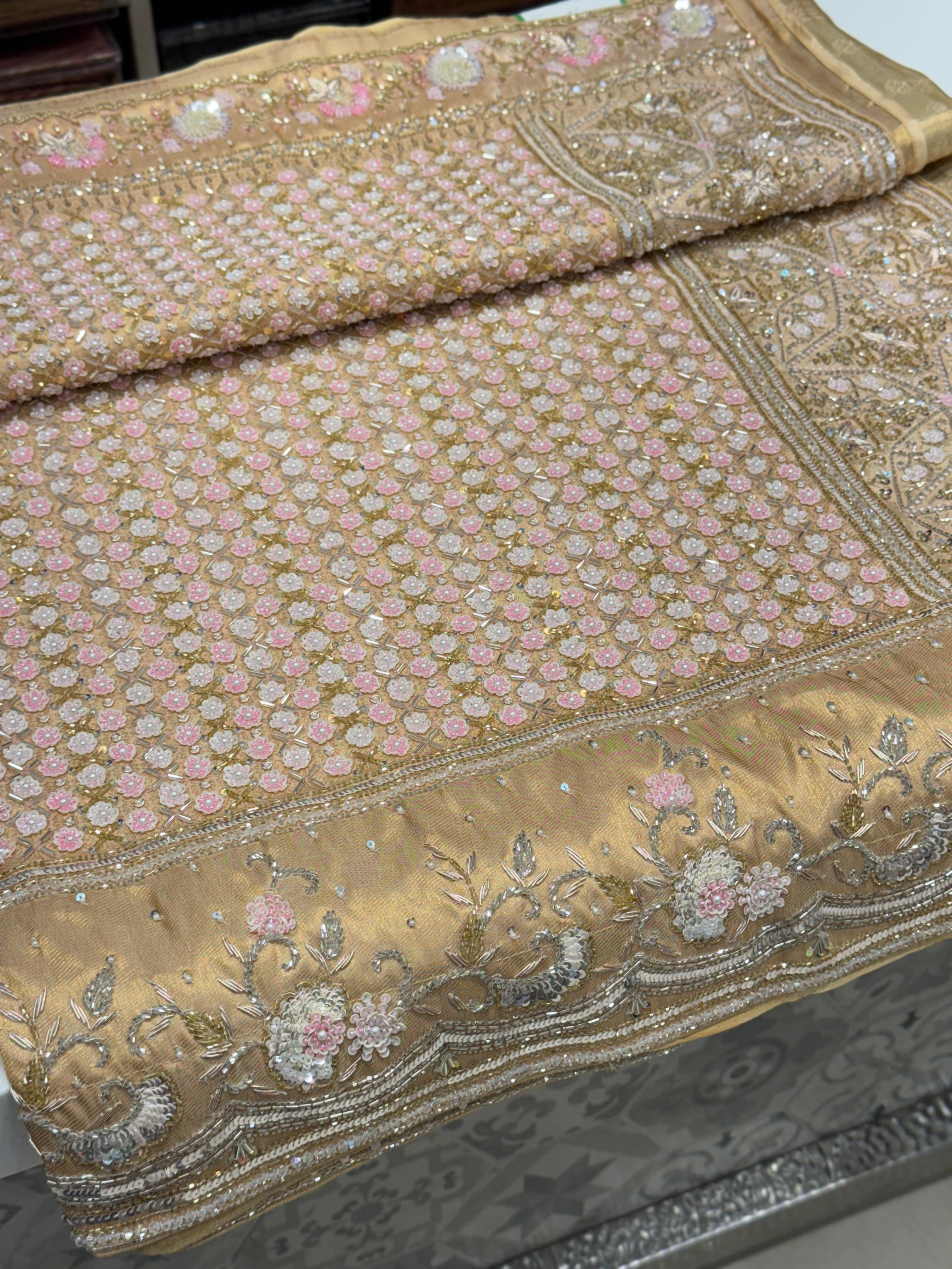 Light Gold Tissue Check Kanjivaram Hand Embroidery Saree