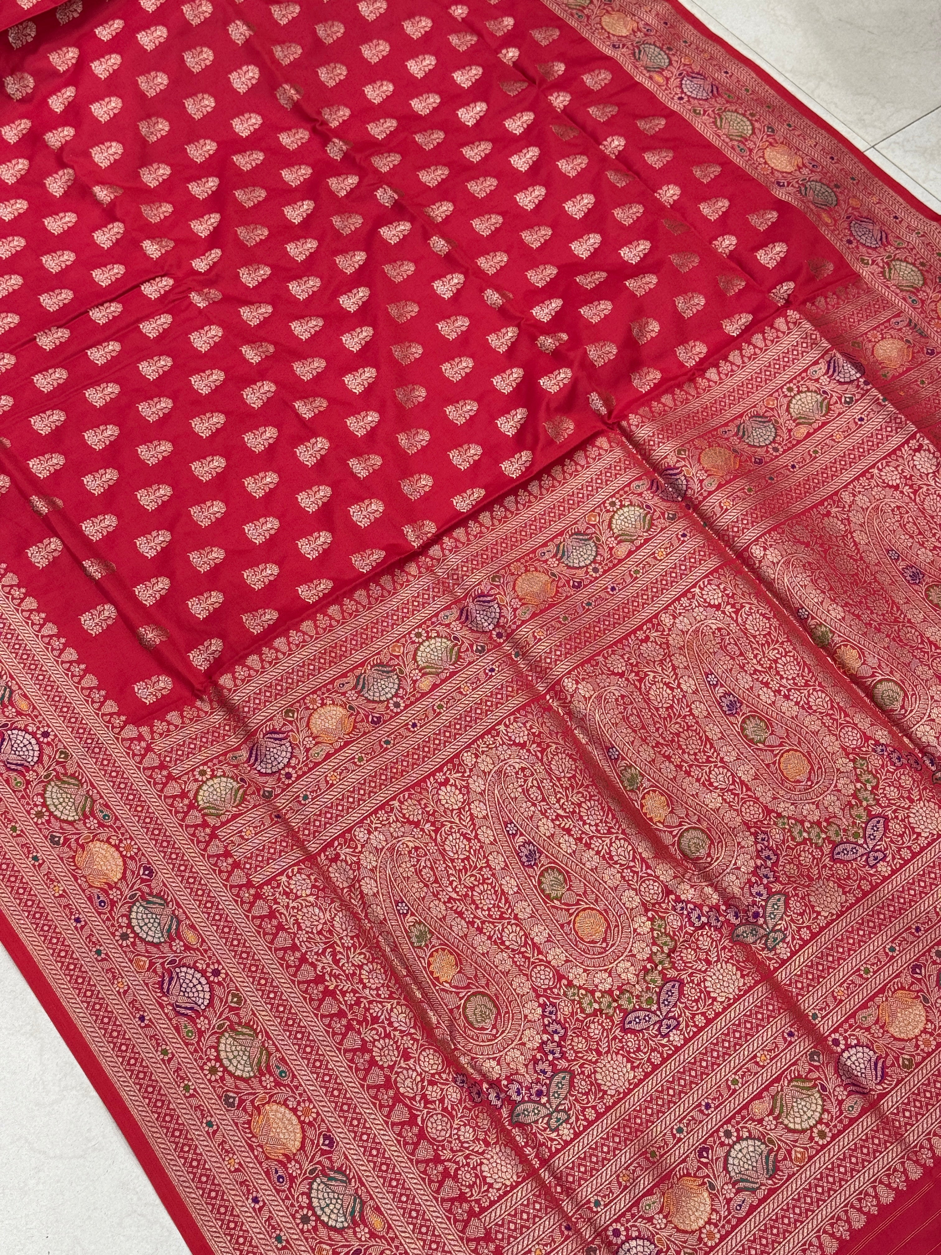 Red Banarasi Silk Butta Meena Border Saree