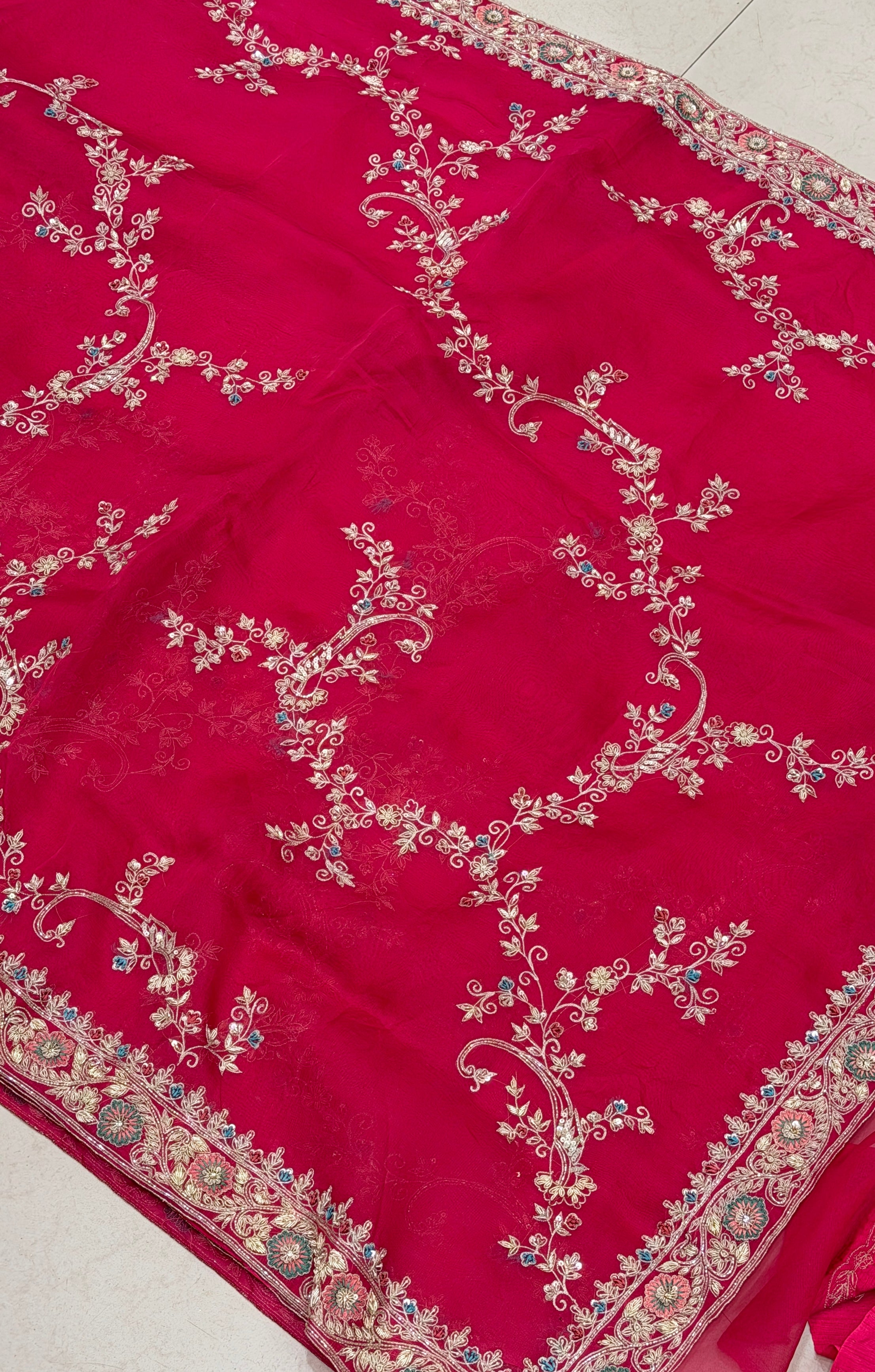 Rani Pink Organza Resham Zardosi Hand Embroidery Saree