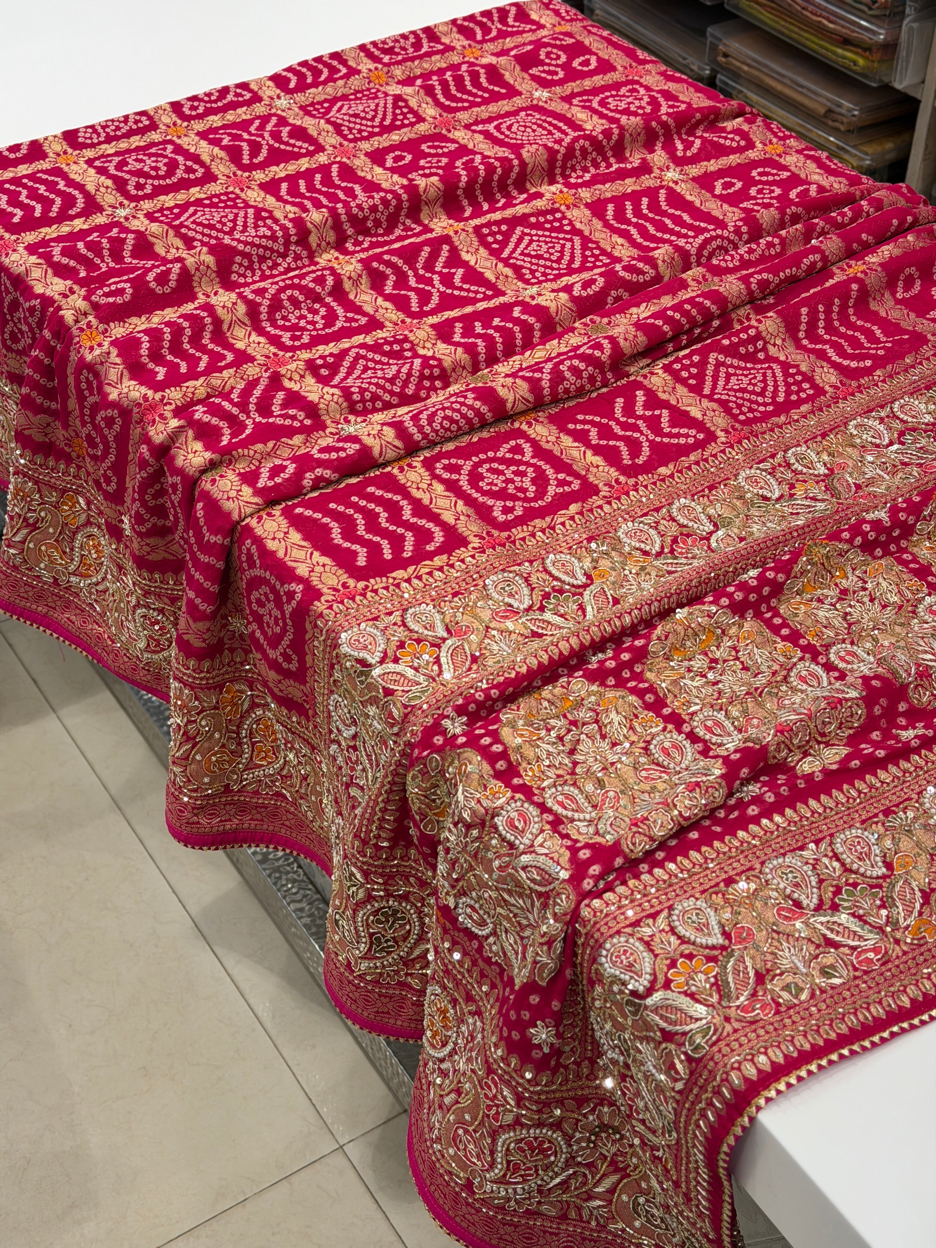 Rani Gharchola Weaved Bandhej Georgette Zardosi Hand Embroidery Saree