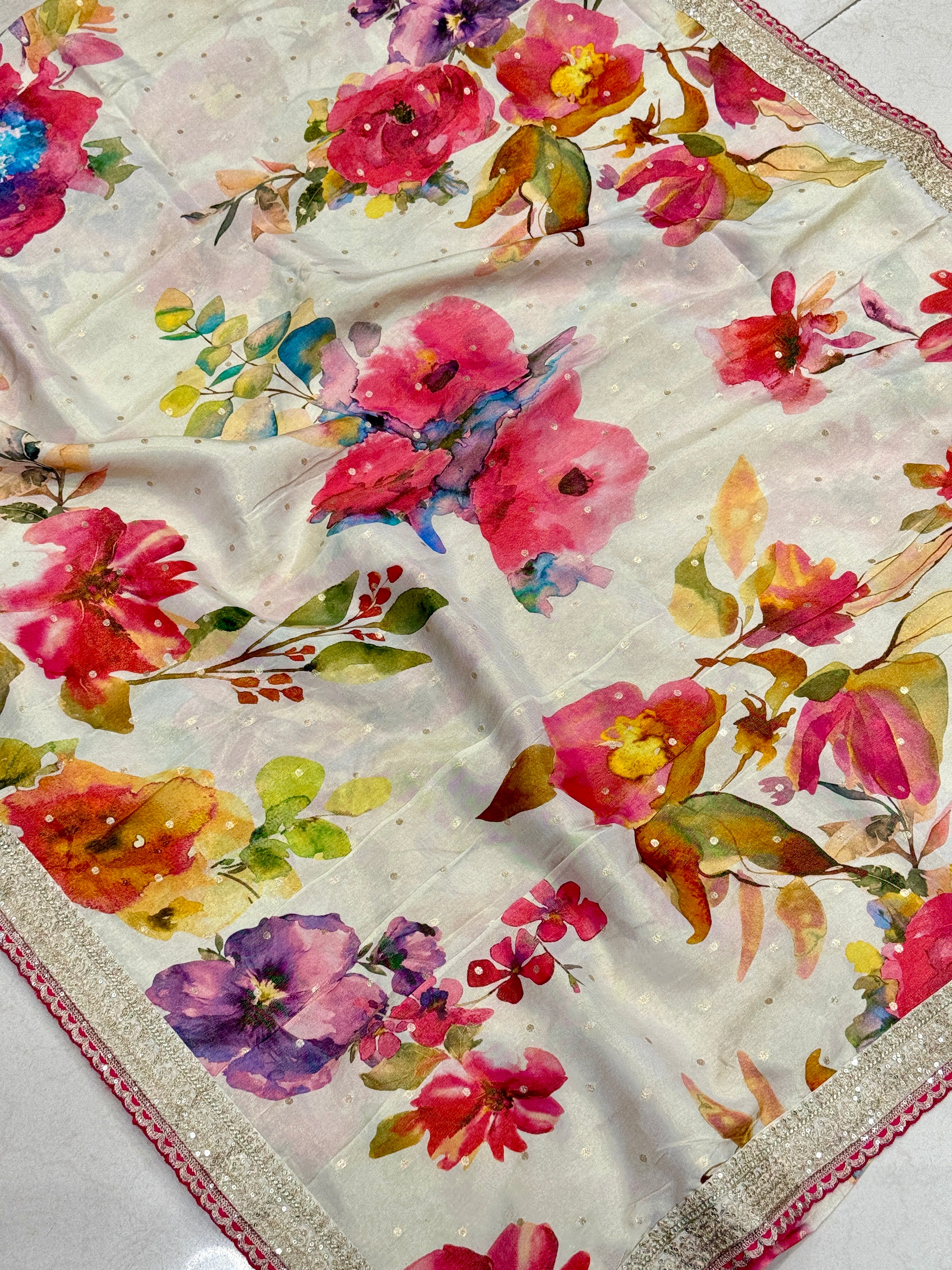 Beige Printed Crepe Tissue Sabyasachi Inspired Border Saree