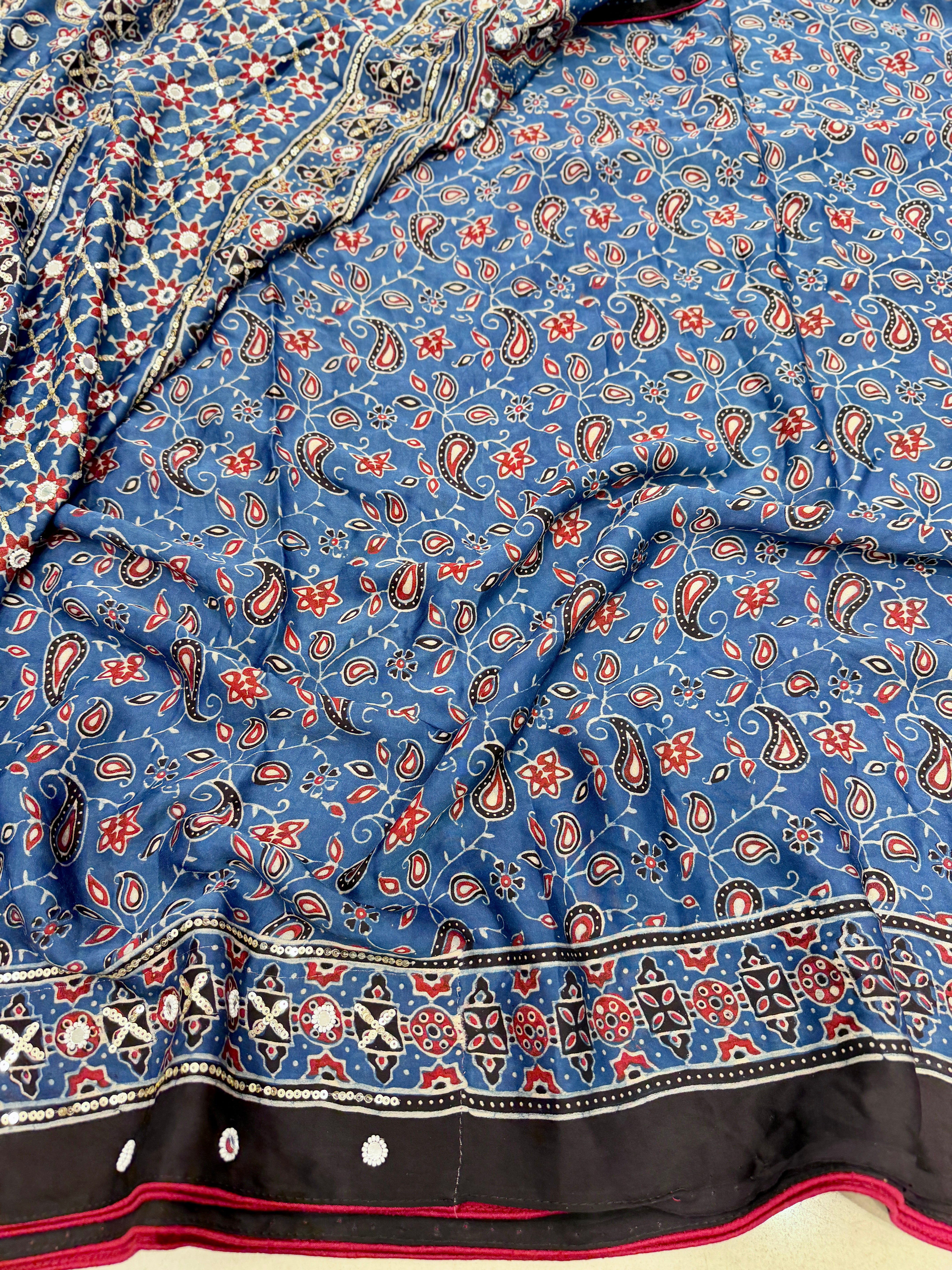 Red Blue Jaal Ajrakh Real Mirror Moti Sequin Hand Embroidery Saree