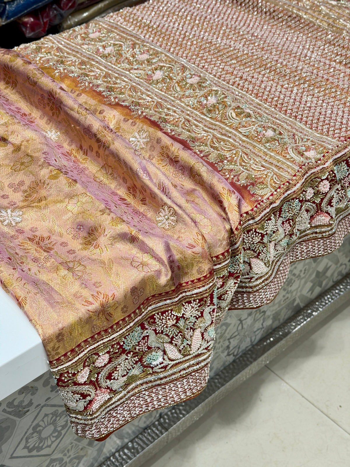 Light Pink Meenakari Jaal Kanjivaram Moti Zardosi Hand Embroidery Saree