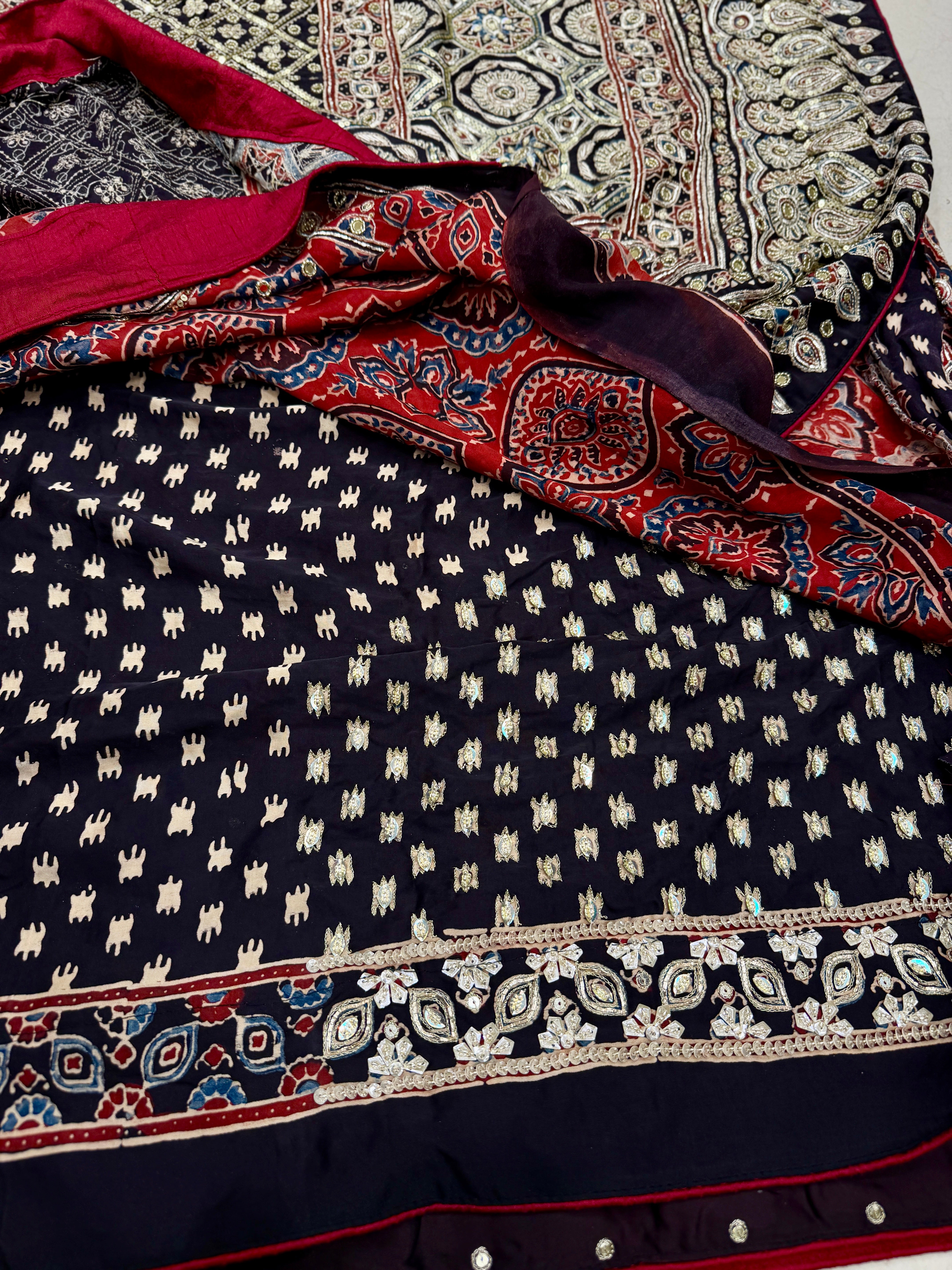Red Black Badam Jaal Pita Zardosi Sequin Ajrakh Hand Embroidery Saree