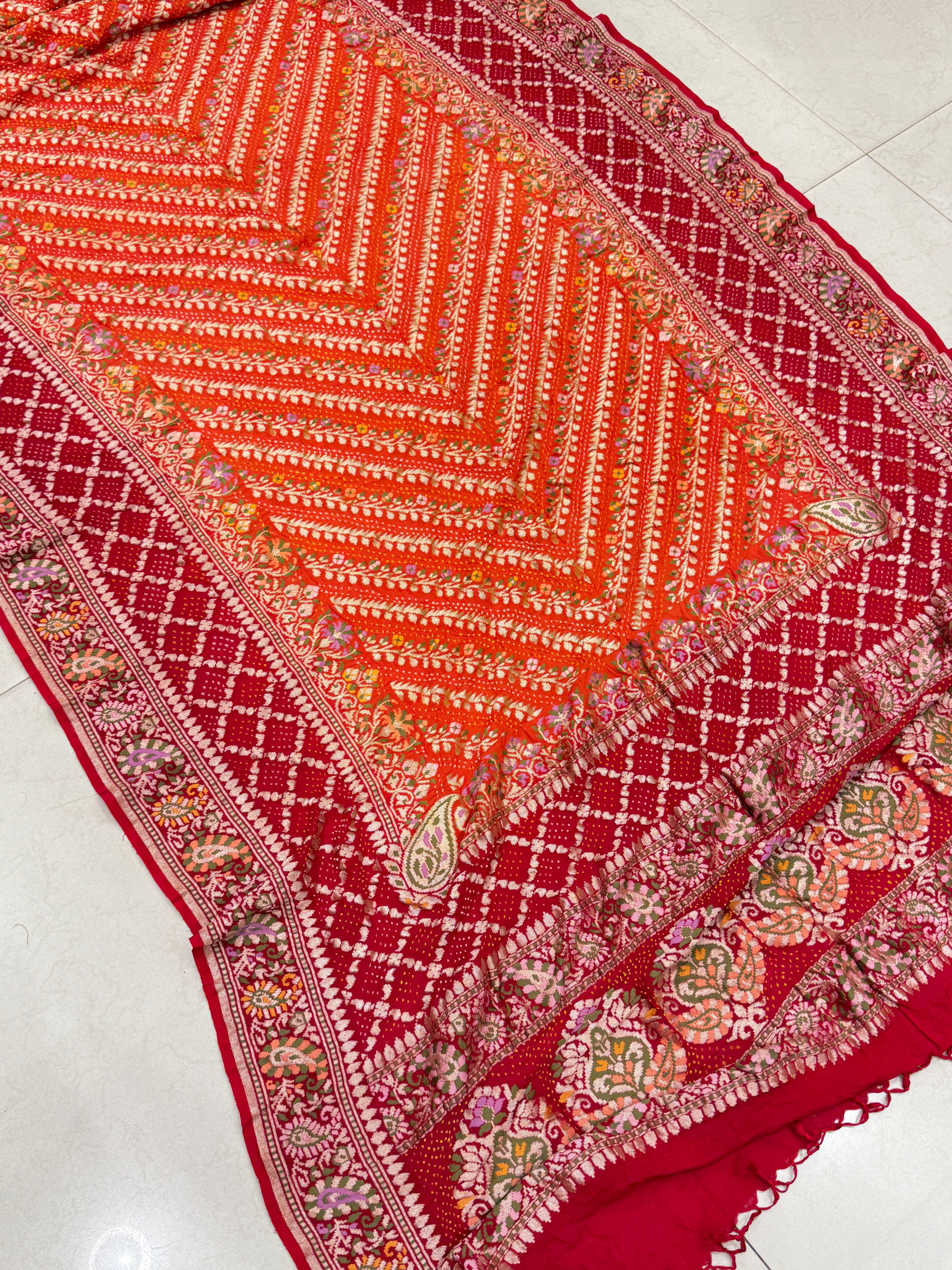 Orange Red Double Border Meenakari Rai Bandhej Georgette Bandhini Saree
