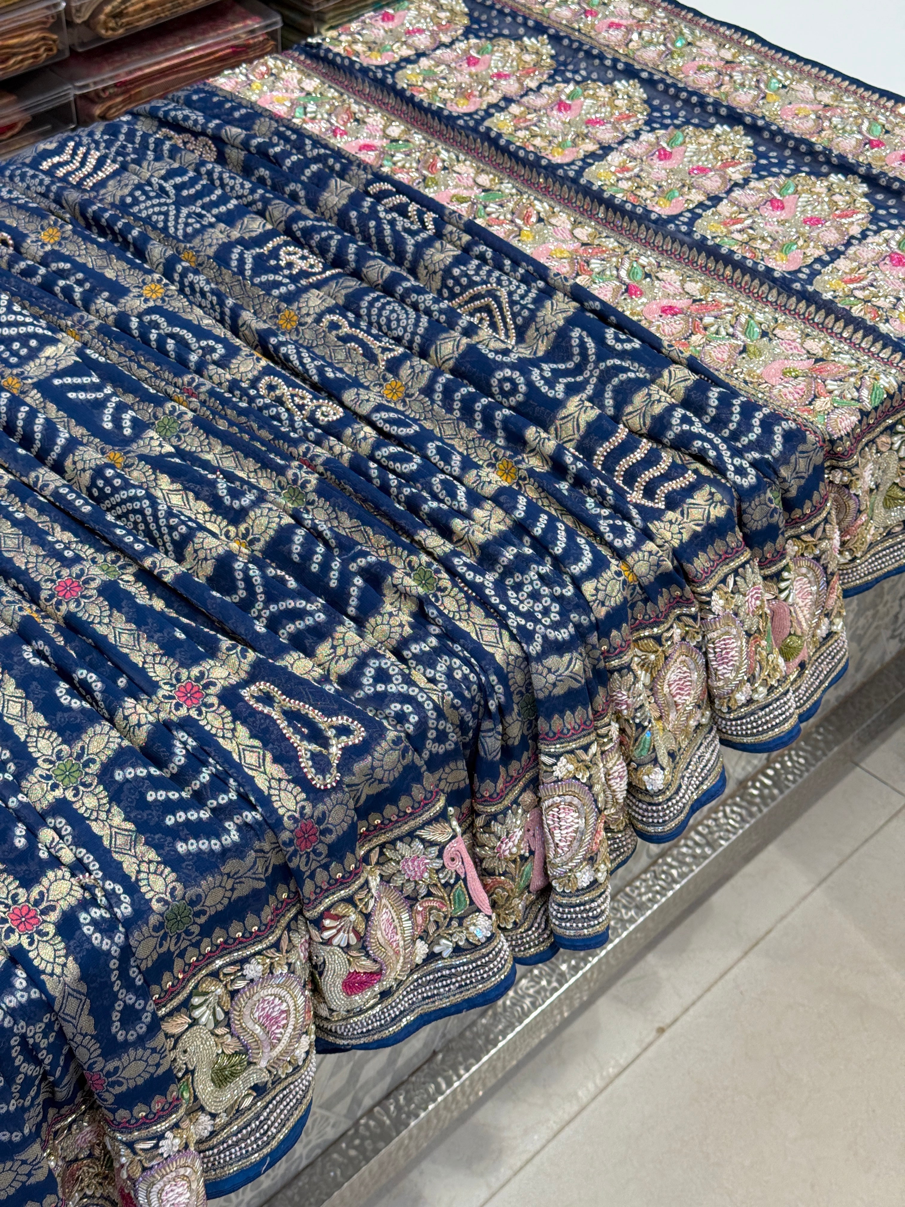 Blue Gharchola Moti Sequin Zardosi Hand Embroidery Georgette Saree
