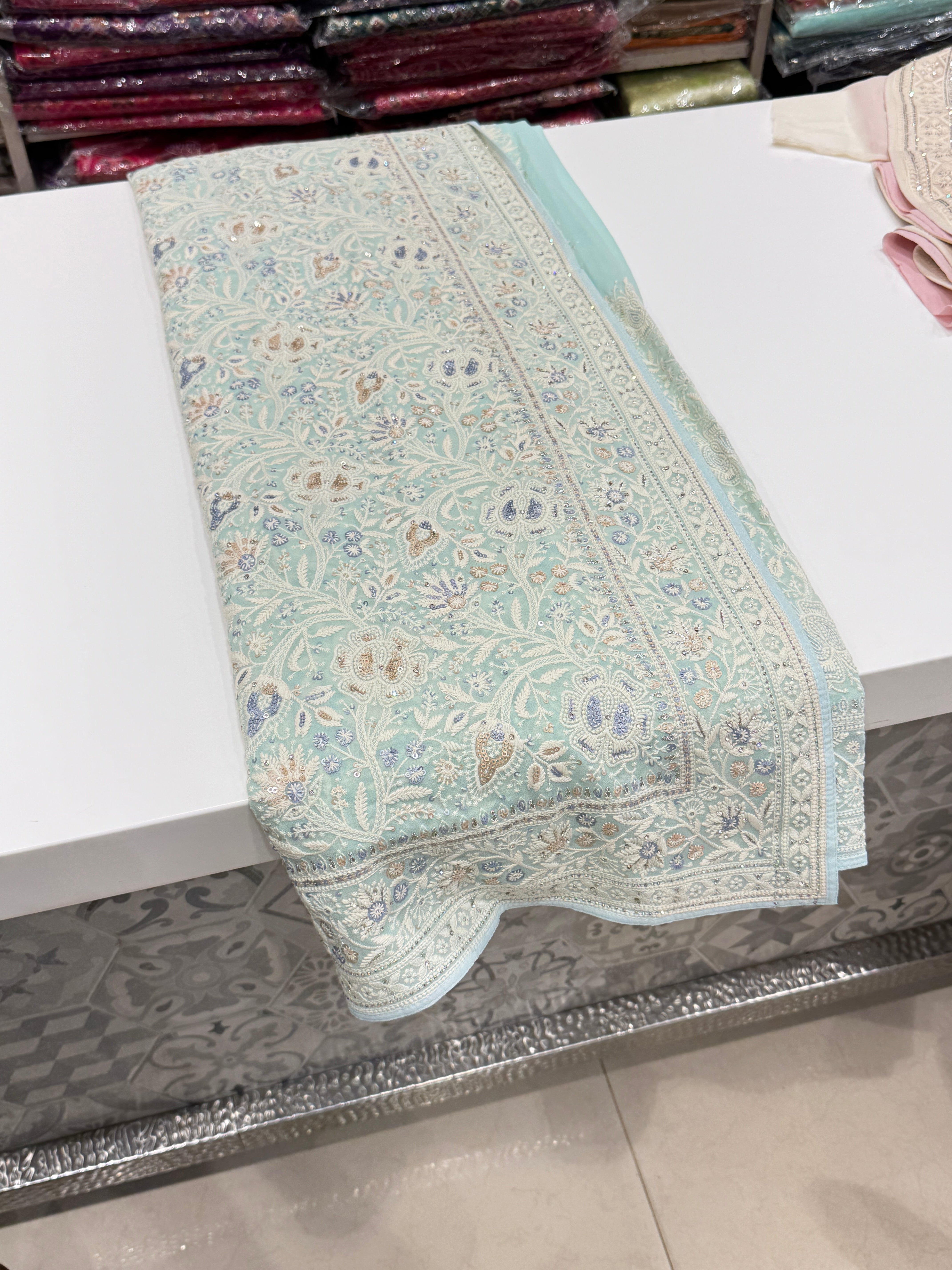 Blue Chikankari Saree Floral Design