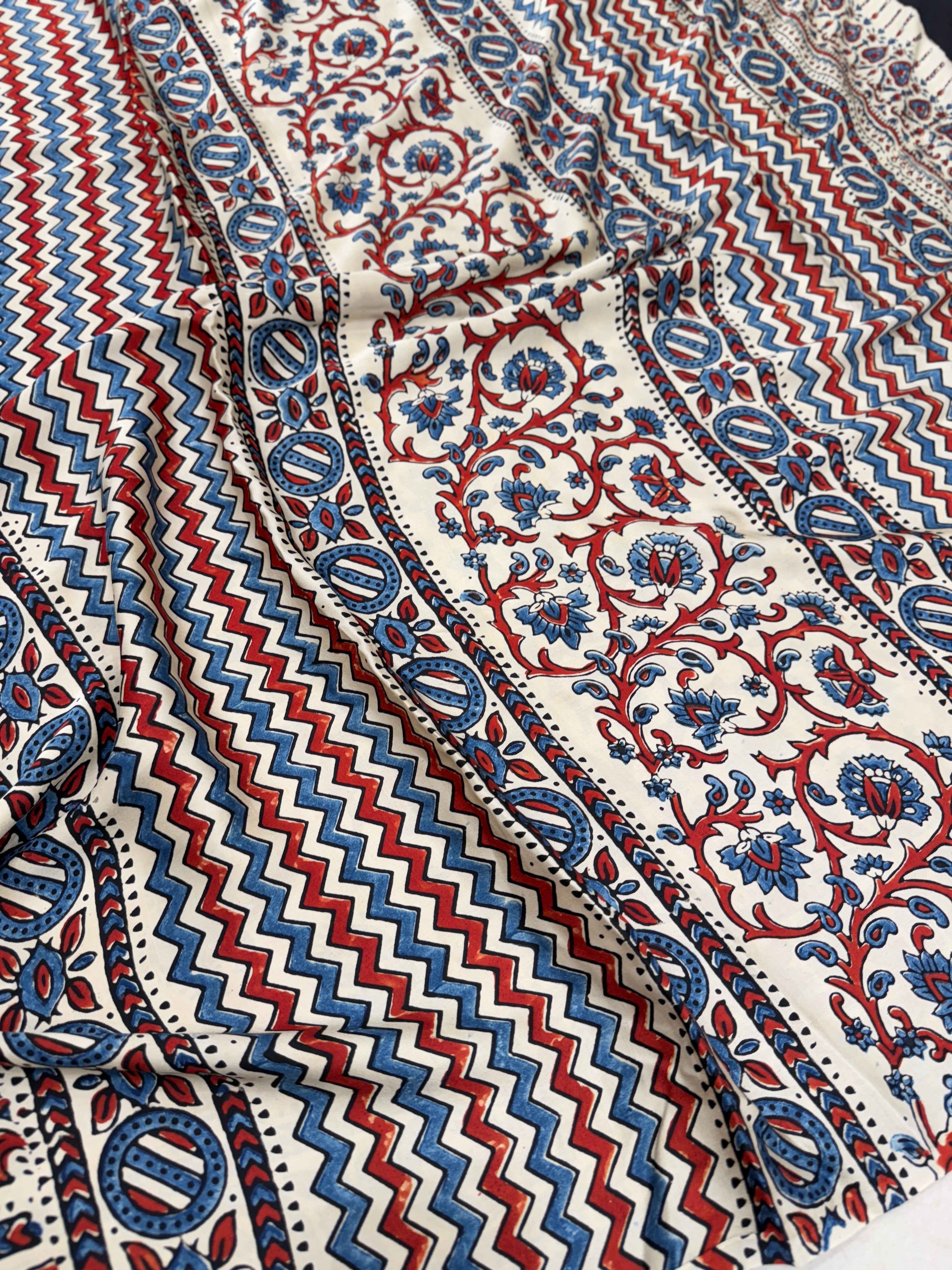 White Paisley Butti Ajrakh Hand Block Print Pure Gajji Silk Saree