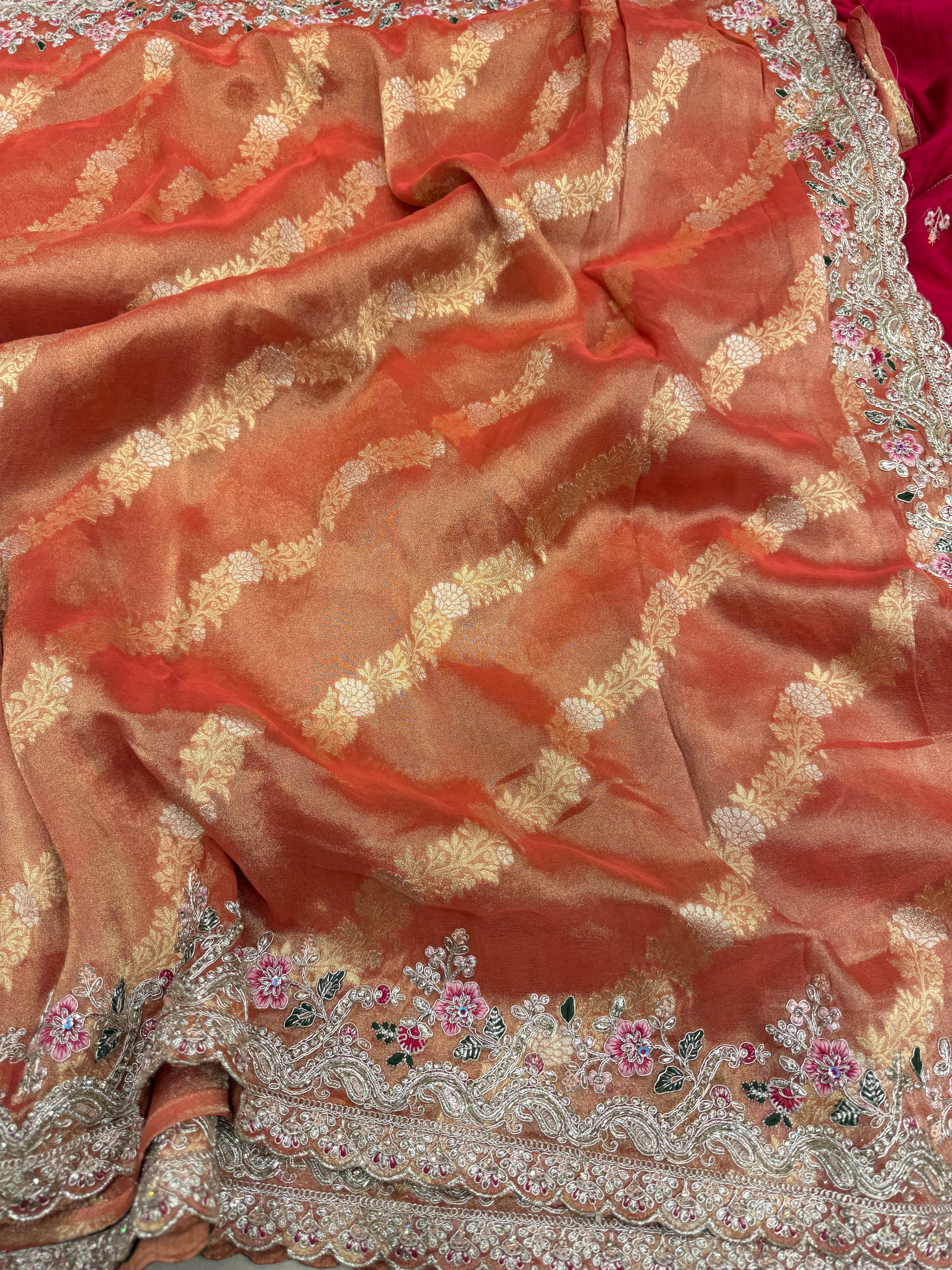 Rust Tissue Weaved Resham Zari Embroidery Saree