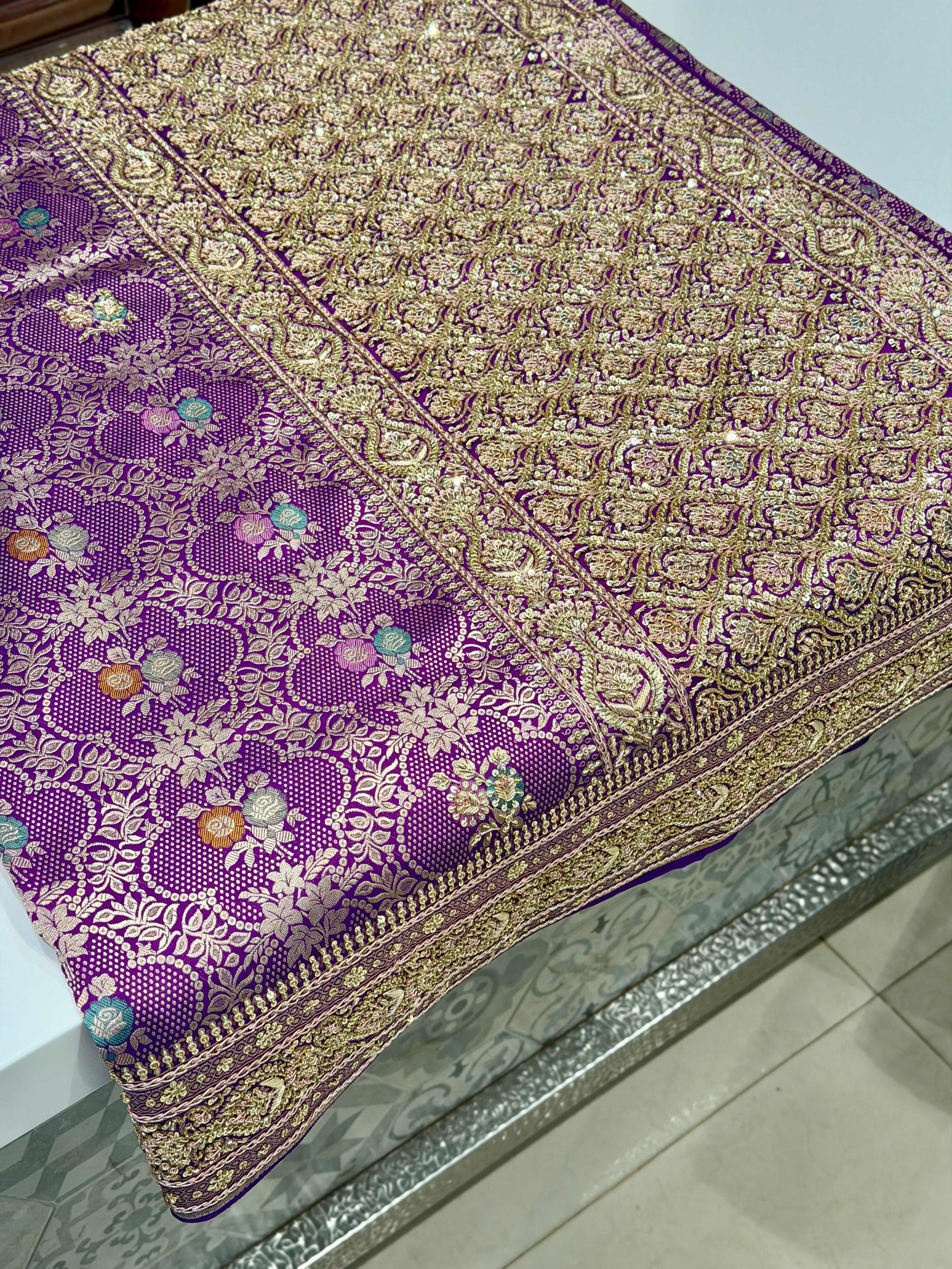 Violet Brocade Meenakari Handloom Banarasi Katan Silk Zardosi Hand Embroidery Saree