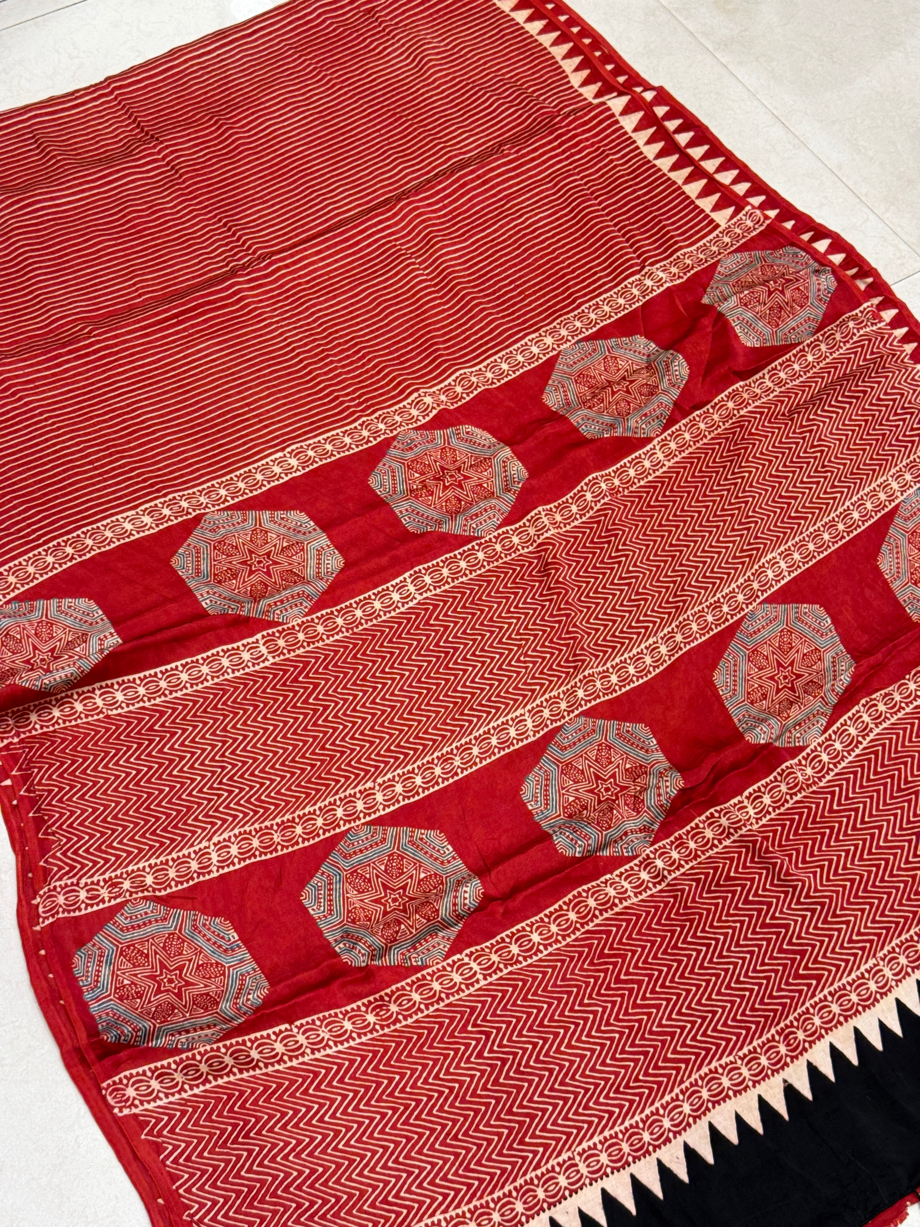 Red Hexa Butta Pallu Ajrakh Hand Block Print Pure Gajji Silk Saree