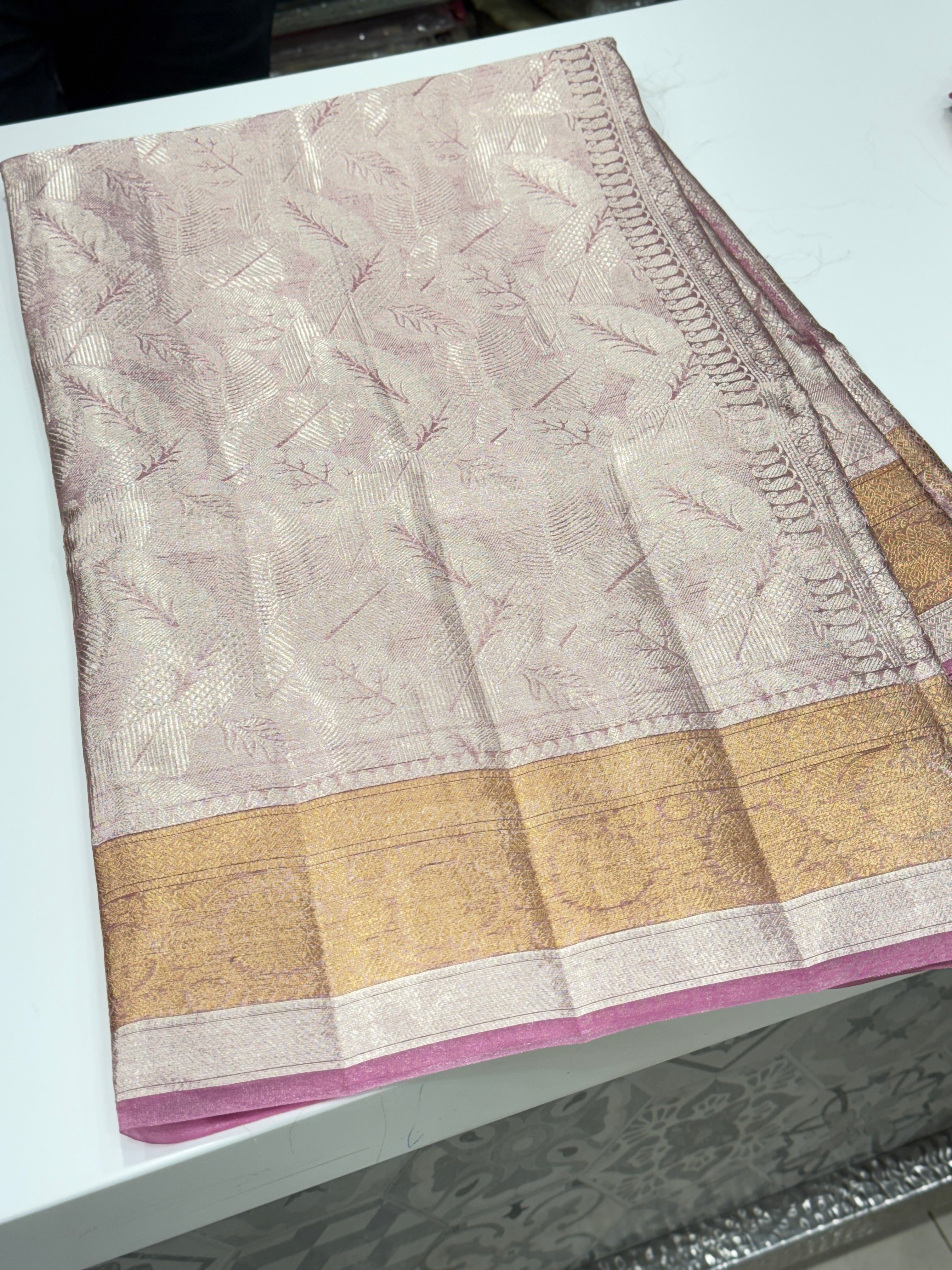 Floral Pink Double Tissue Contemporary Banarasi Saree