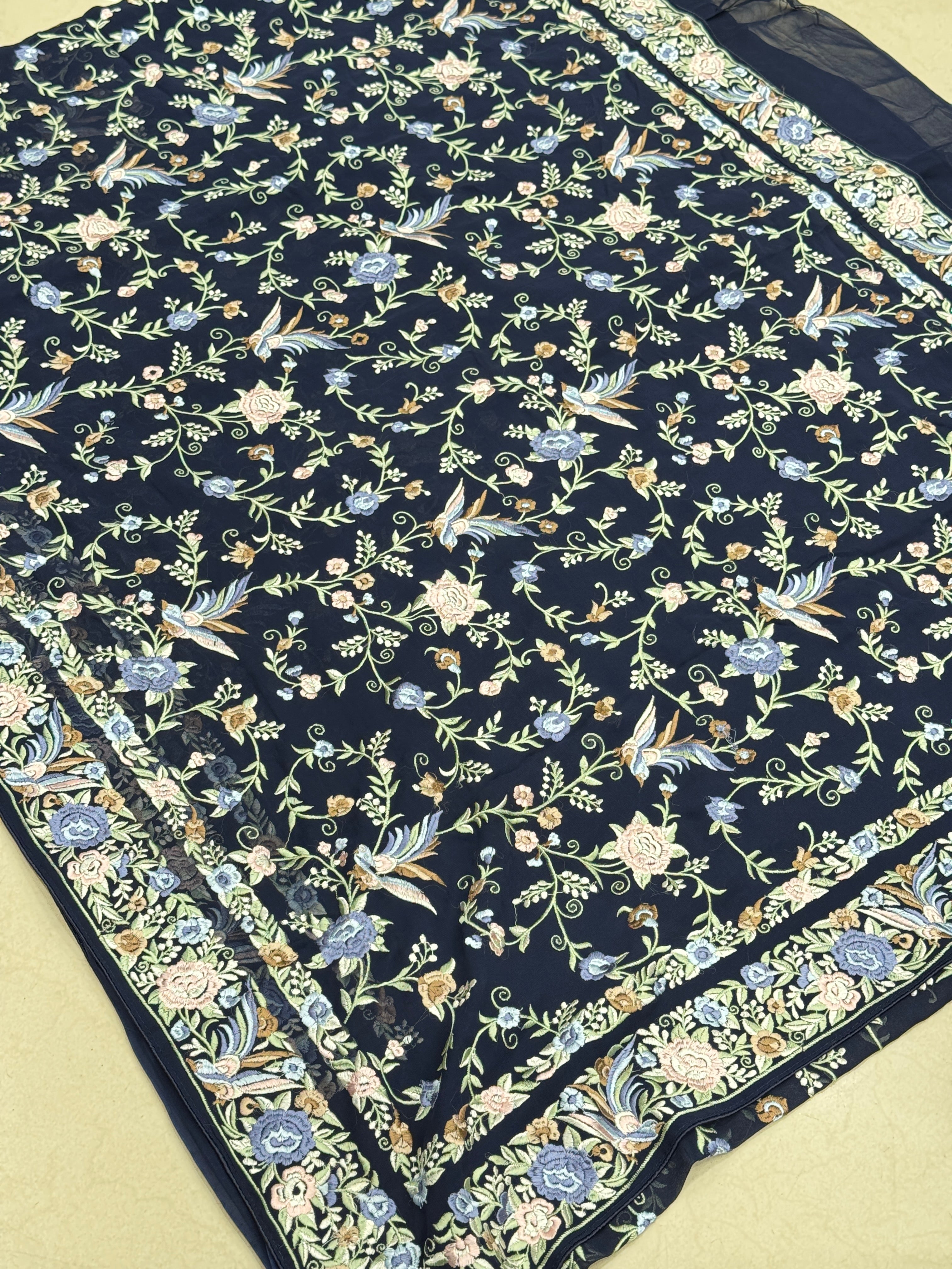 Blue Double Border Georgette Parsi Gara Saree