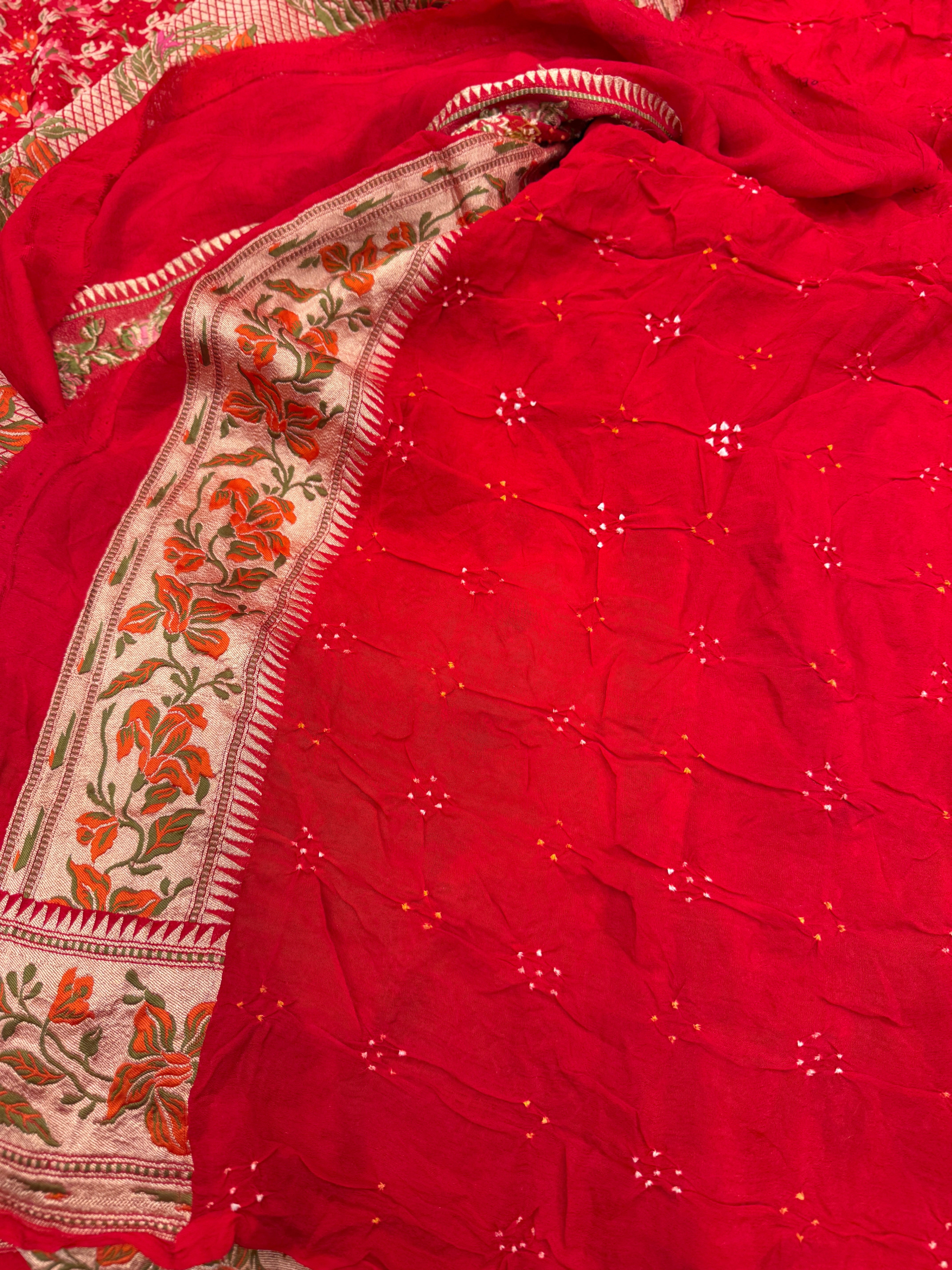 Red Meenakari Floral Jaal Rai Bandhej Georgette Bandhini Saree