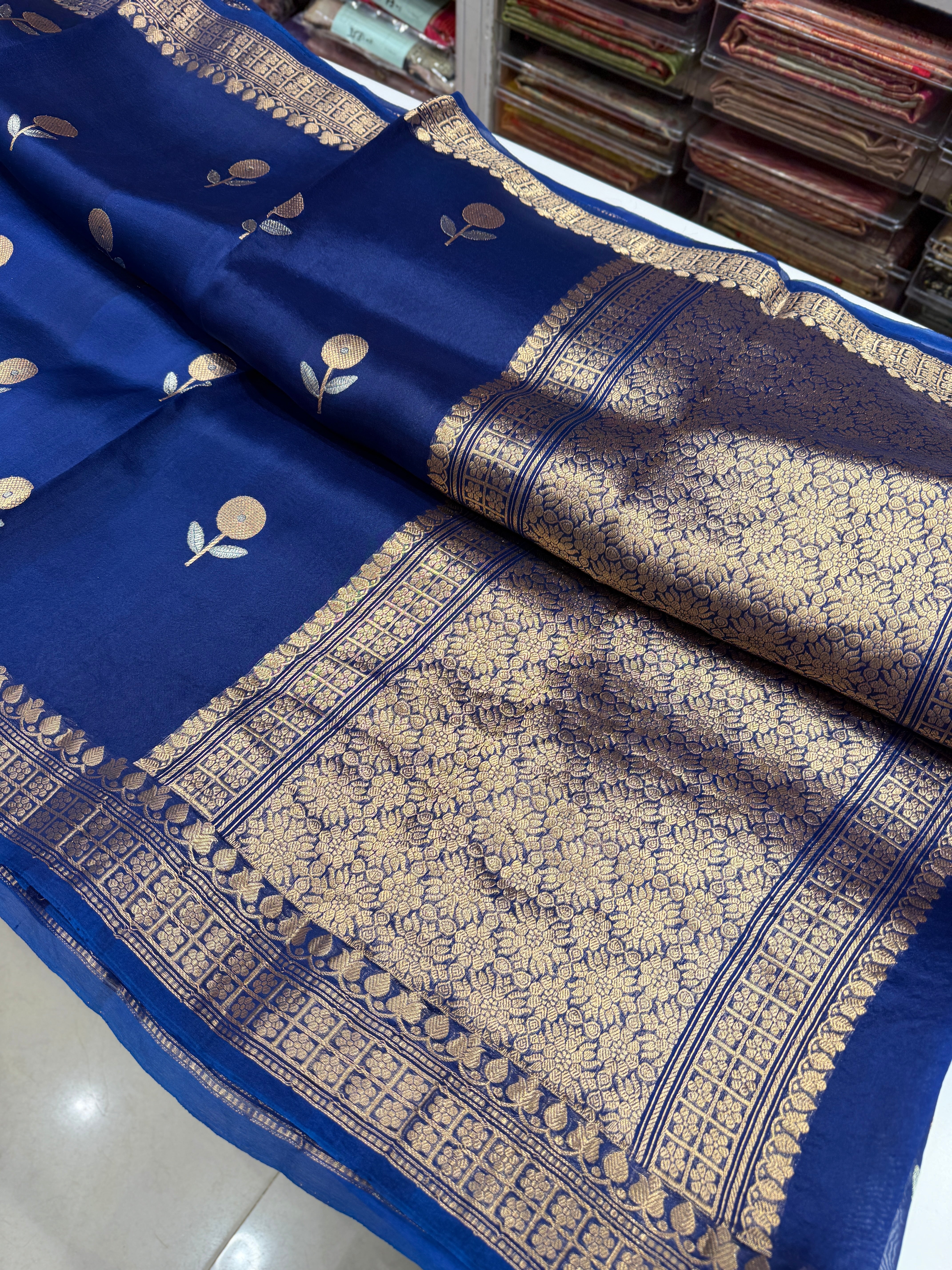 Blue Banarasi Handloom Kora Sona Roopa Butta Saree