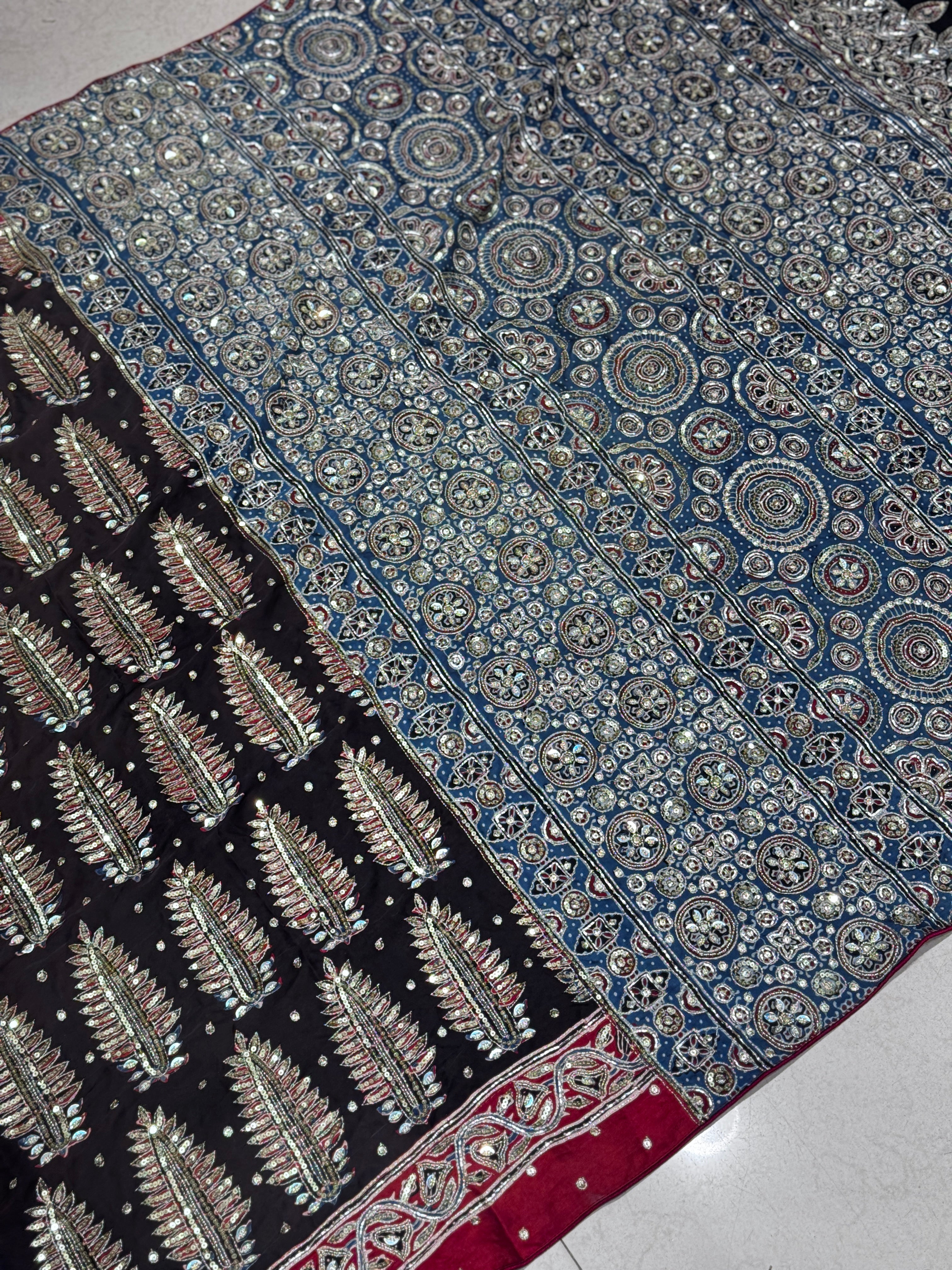 Black Buttas Pita Zardosi Sequin Ajrakh Hand Embroidery Saree