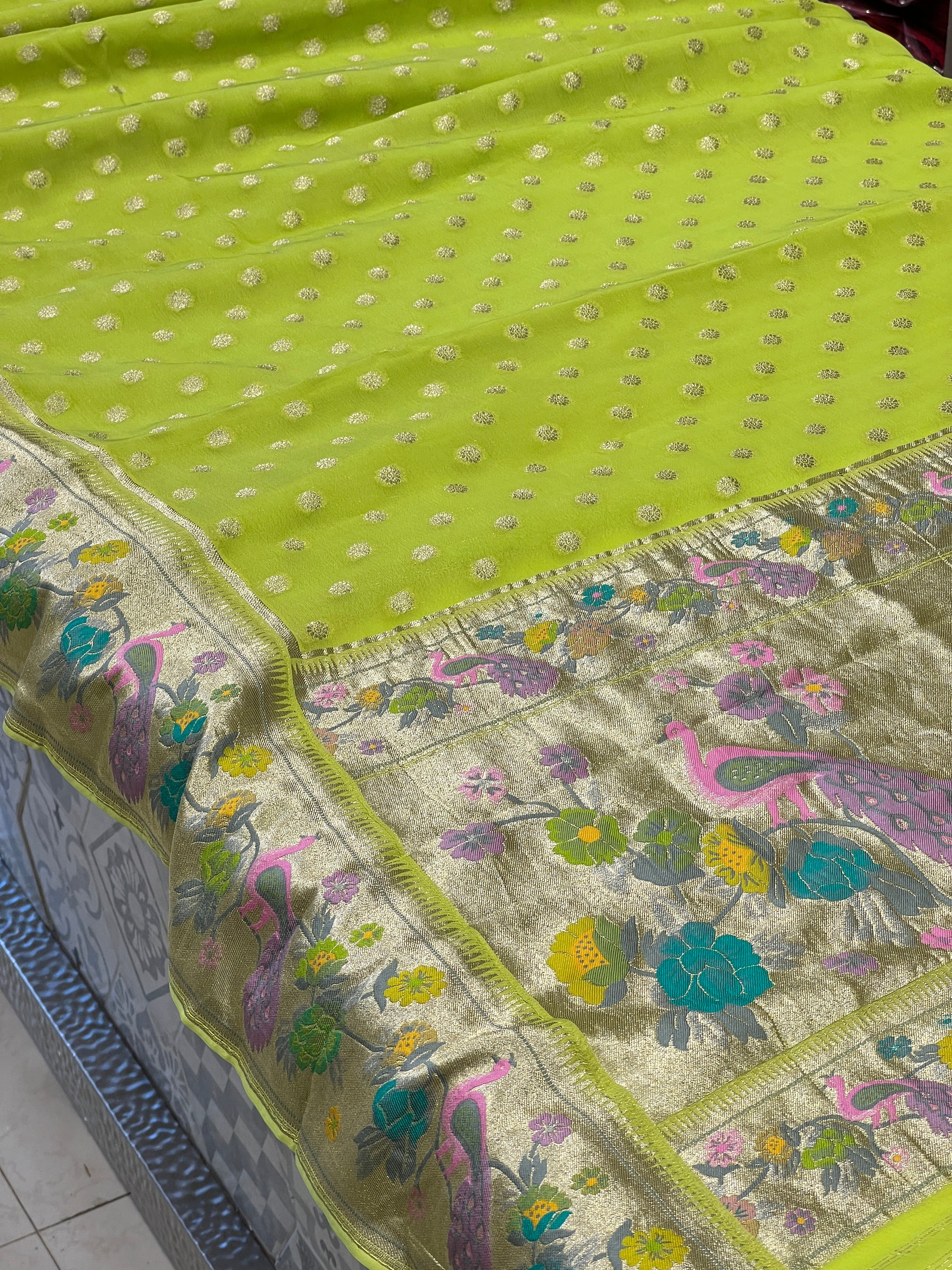 Parrot Green Banaras Khaddi Georgette Paithani
