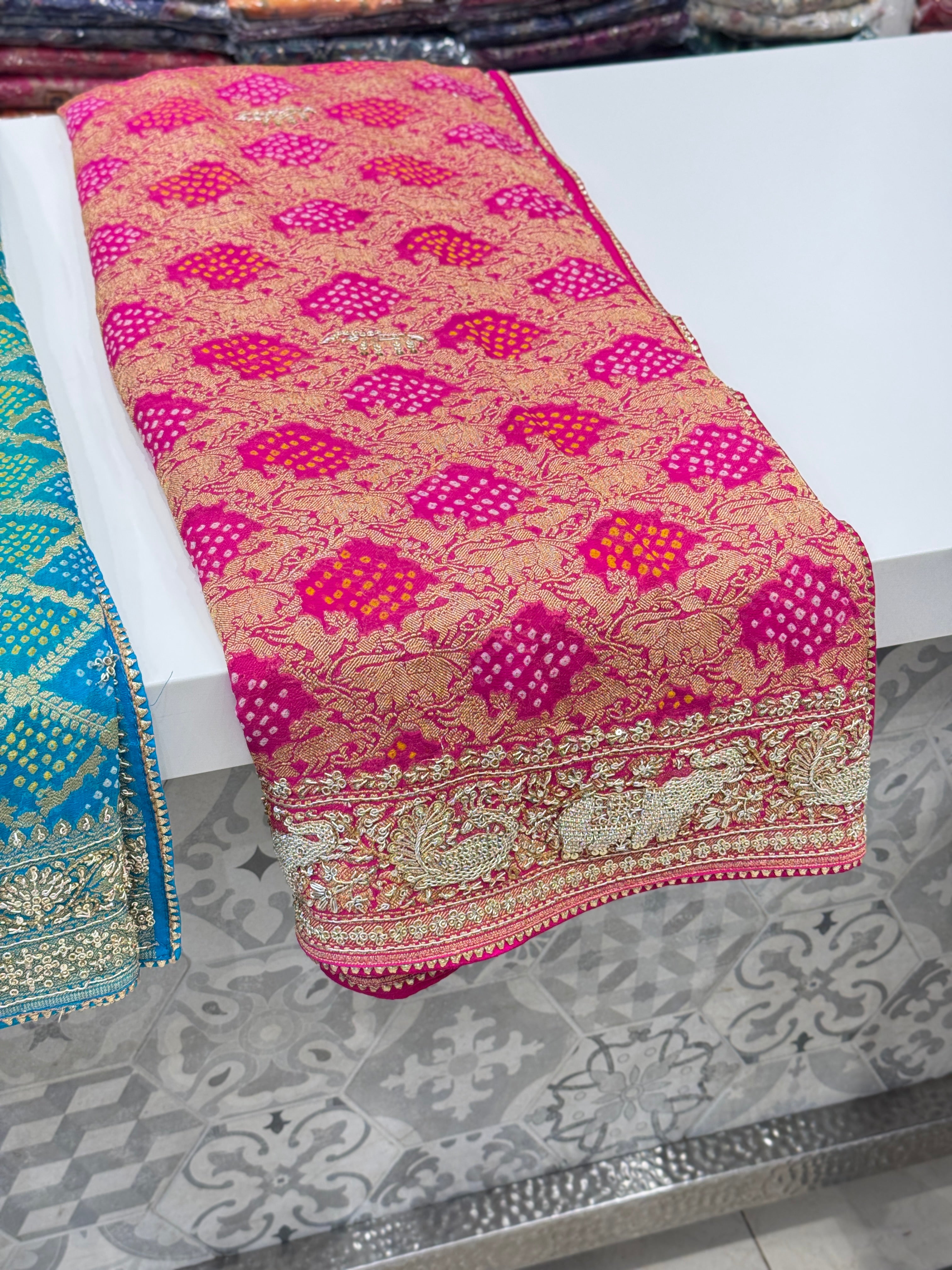 Rani Bandhej Zardosi Hand Embroidery Elephant Border Saree