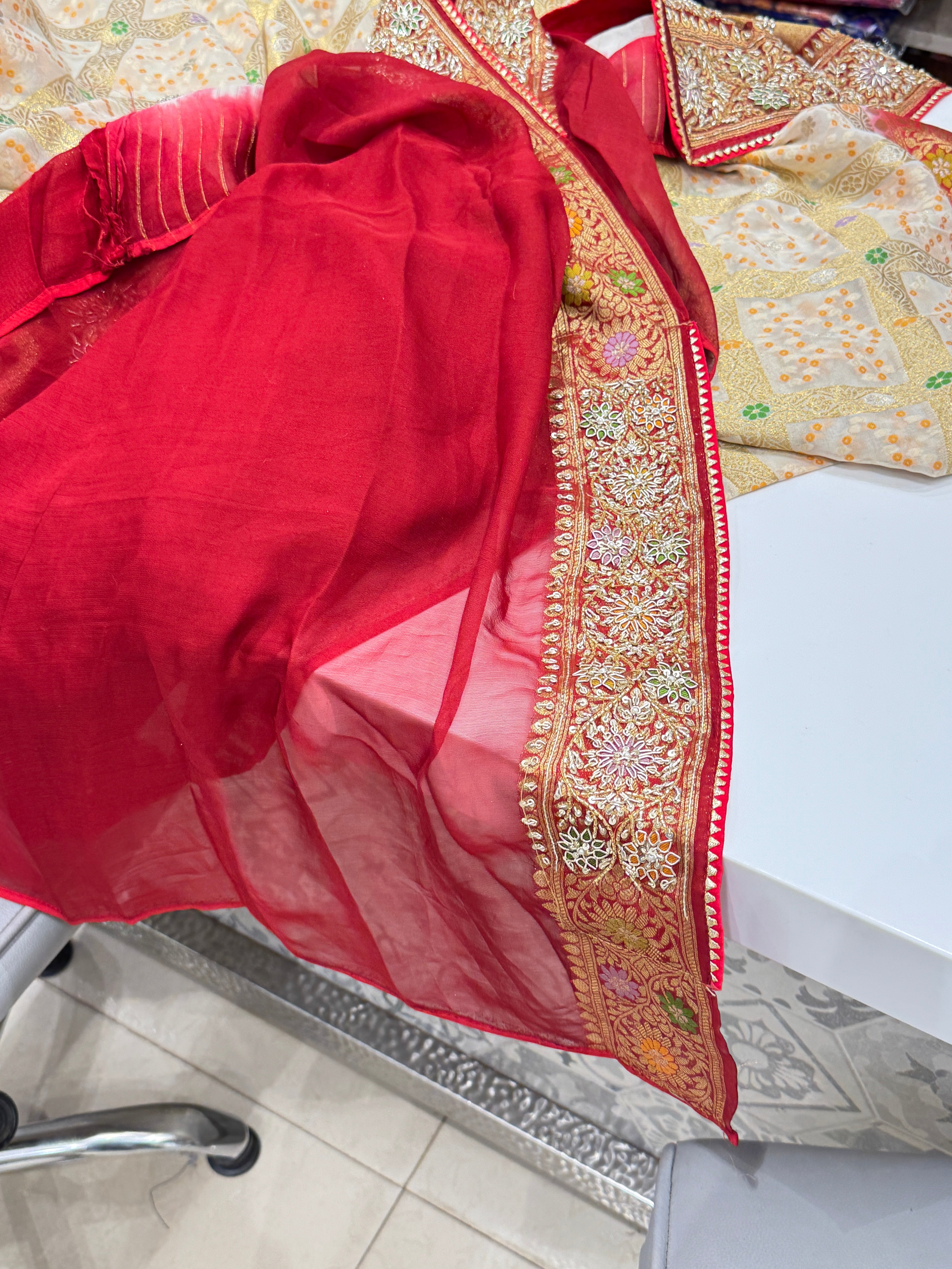 Beige Red Meenakari Gharchola Zardosi Embroidery Saree