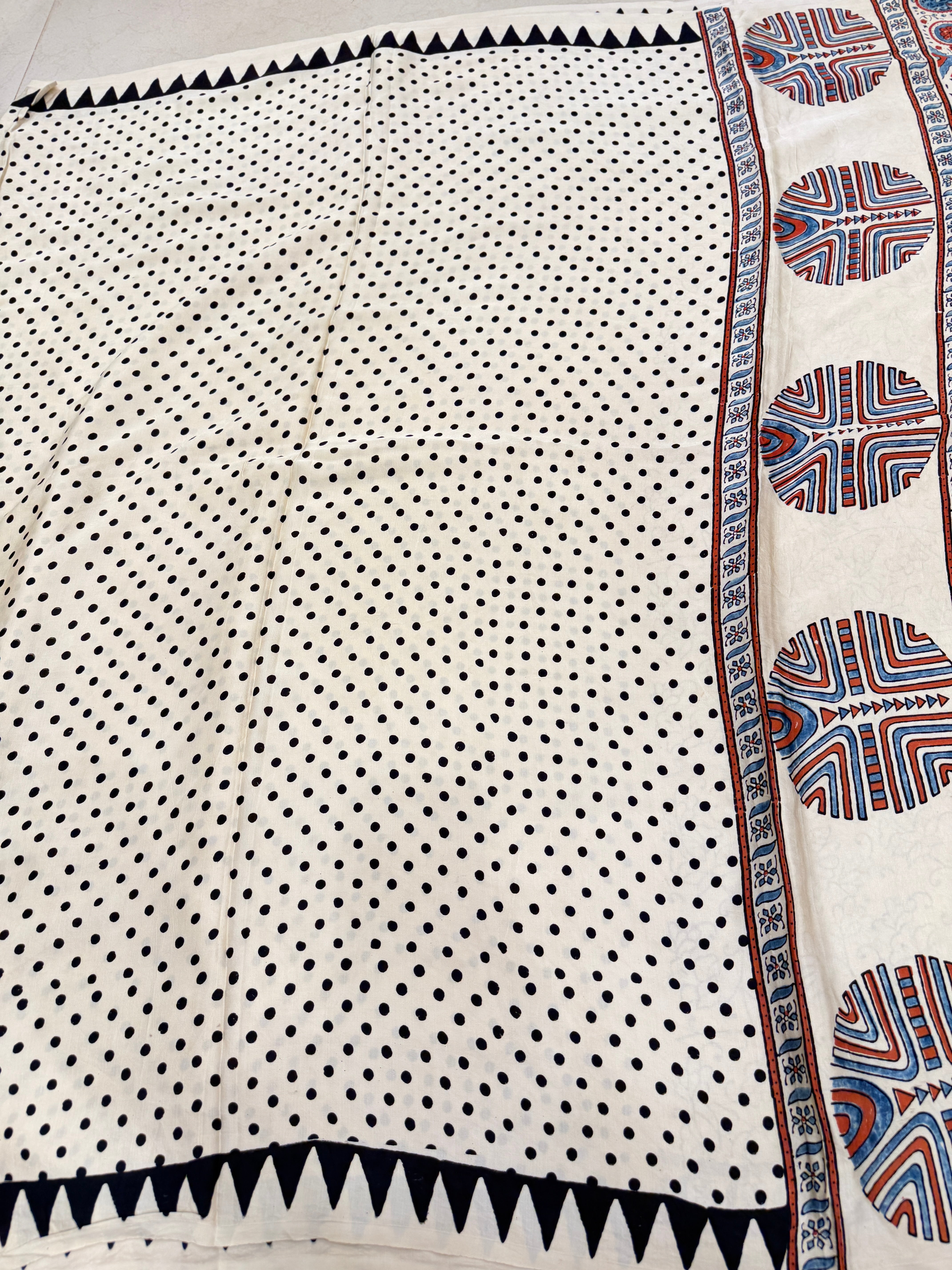 White Polka Dot Ajrakh Hand Block Print Pure Gajji Silk Saree