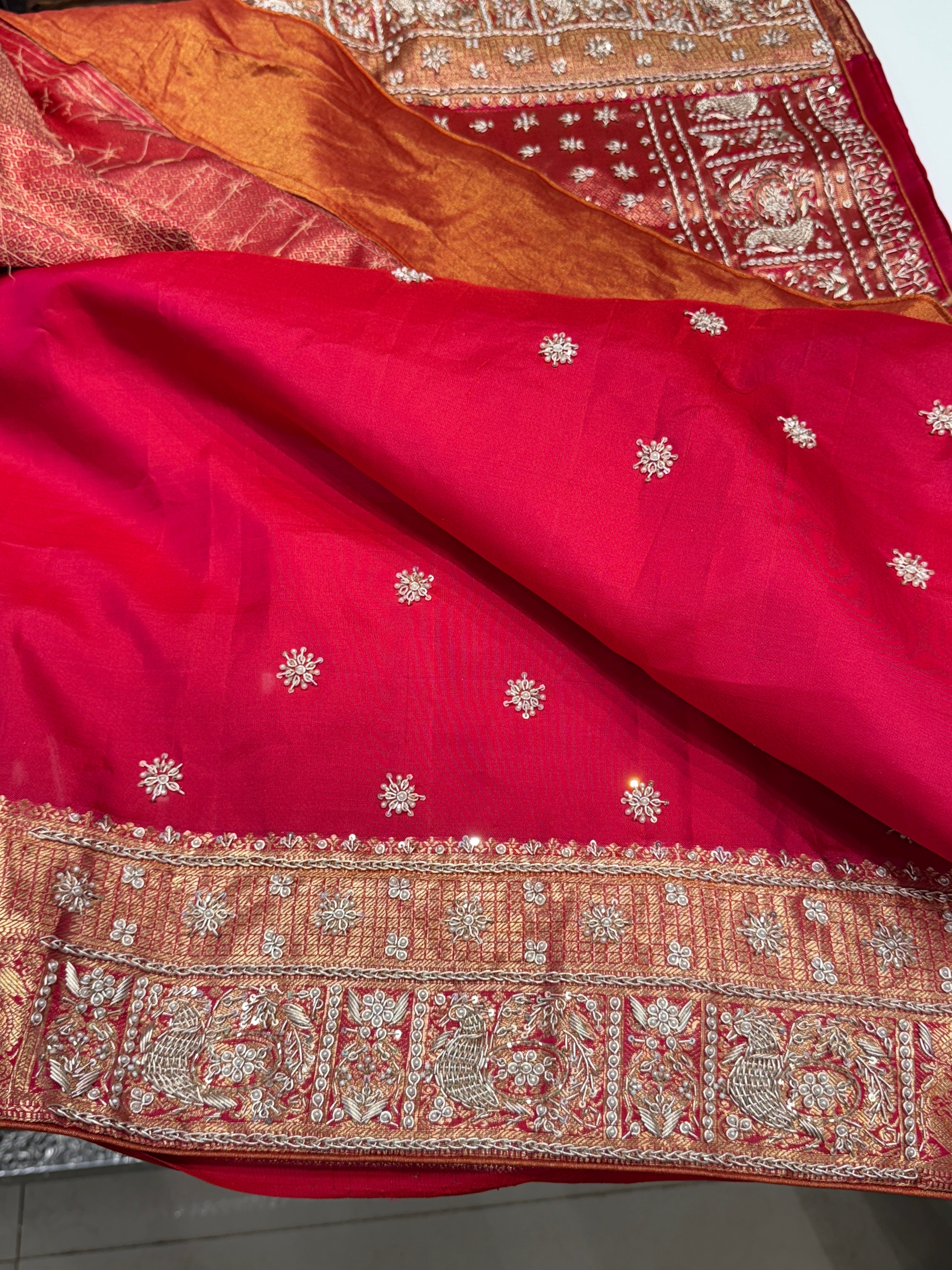 Red Kanjivaram Peacock Motif Zardozi Hand Embroidery Saree