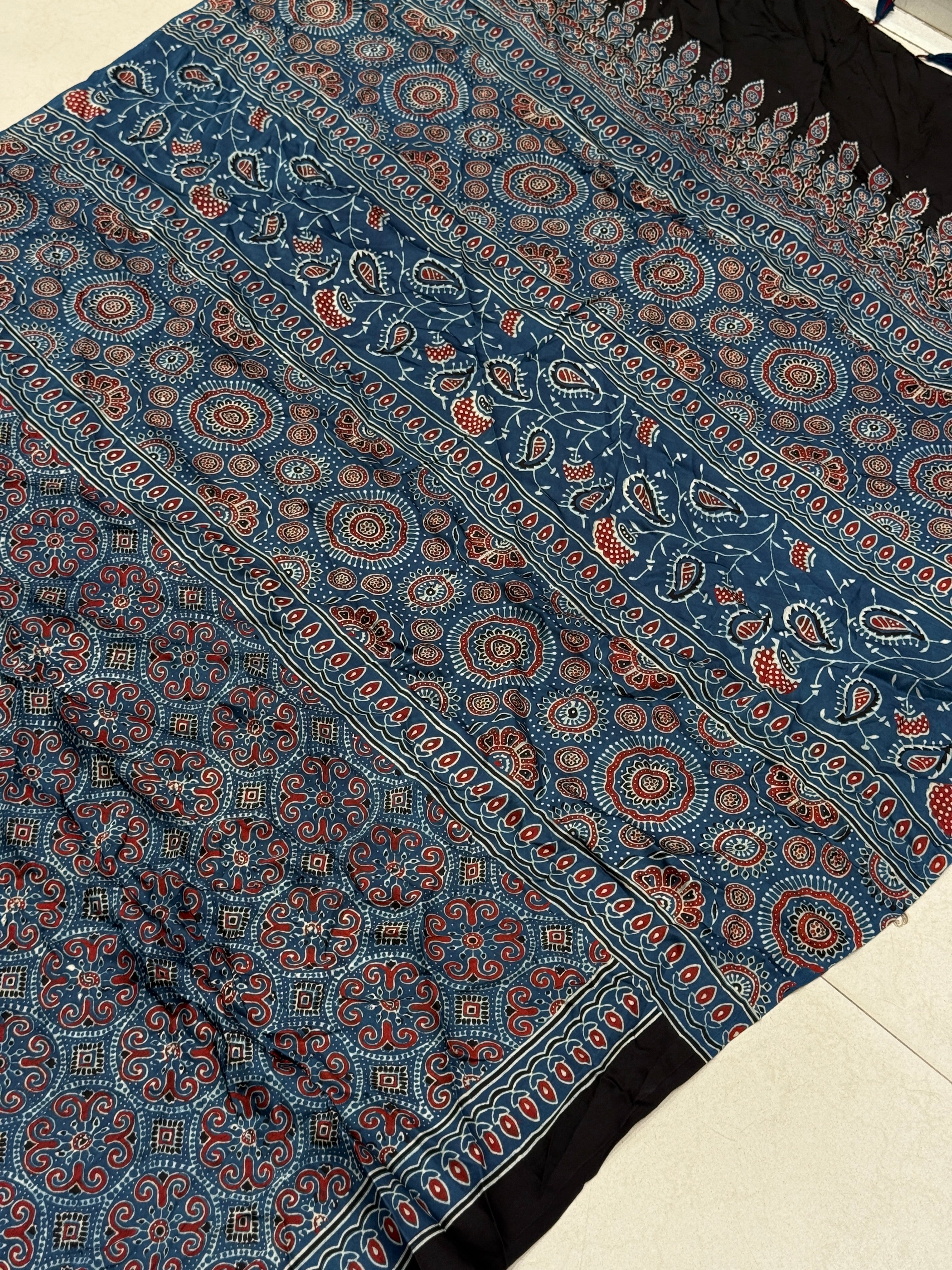 Blue Jewelled Jaal Ajrakh Modal Gajji Silk Saree