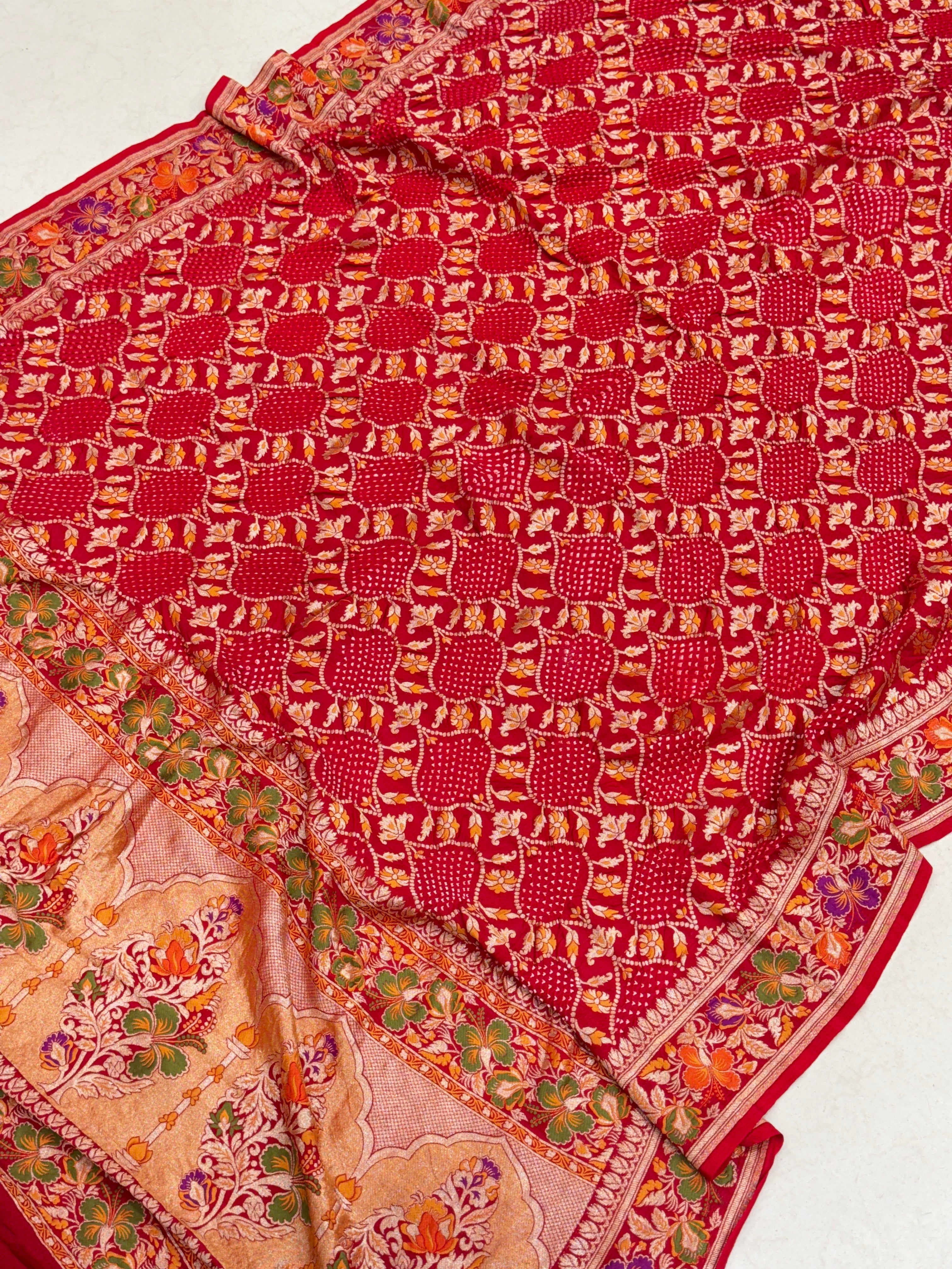 Red Handloom Meenakari Rai Bandhej Pure Zari Dupatta