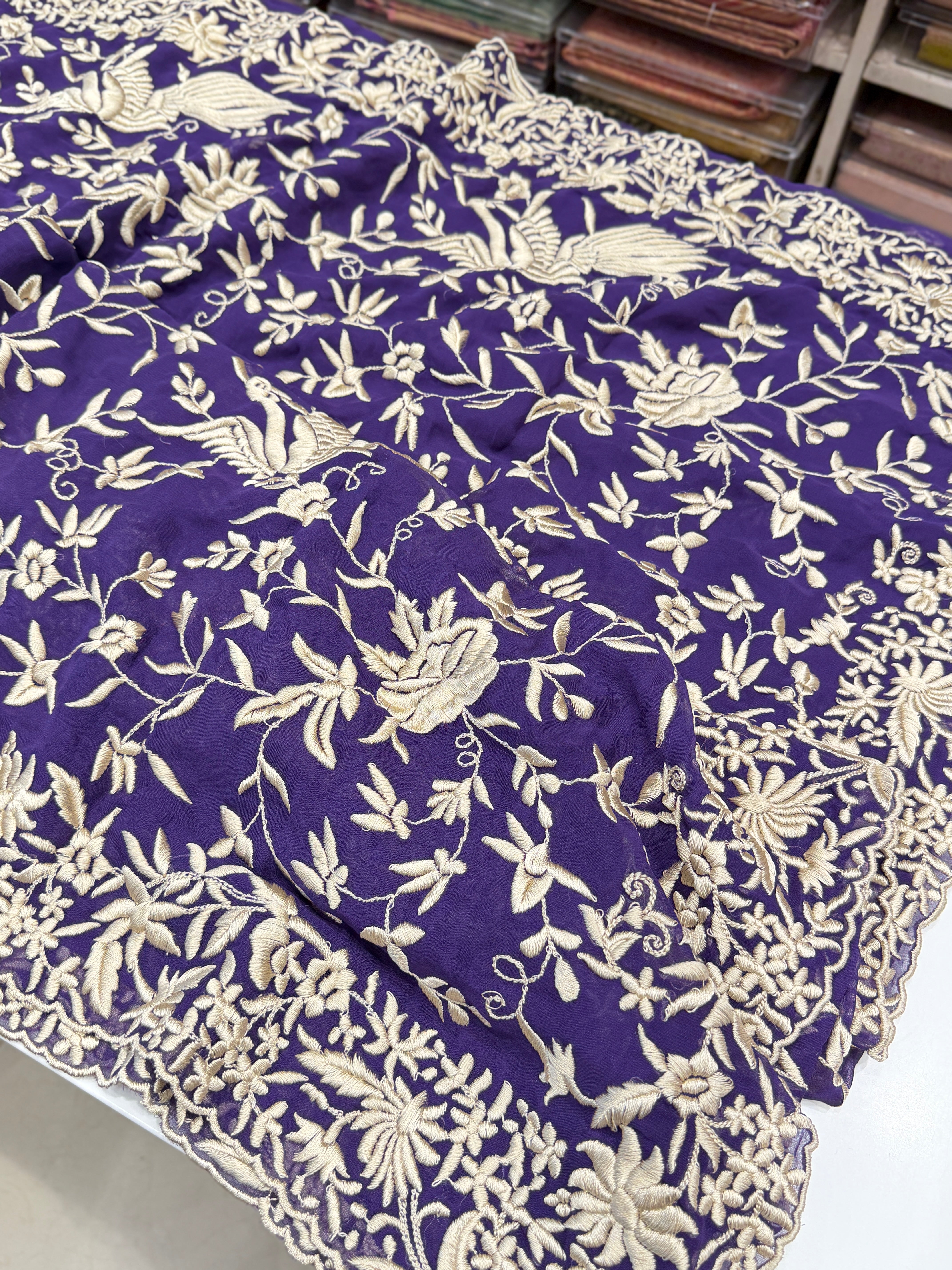 Violet Georgette Floral Jaal Flamingo Resham Embroidery Saree