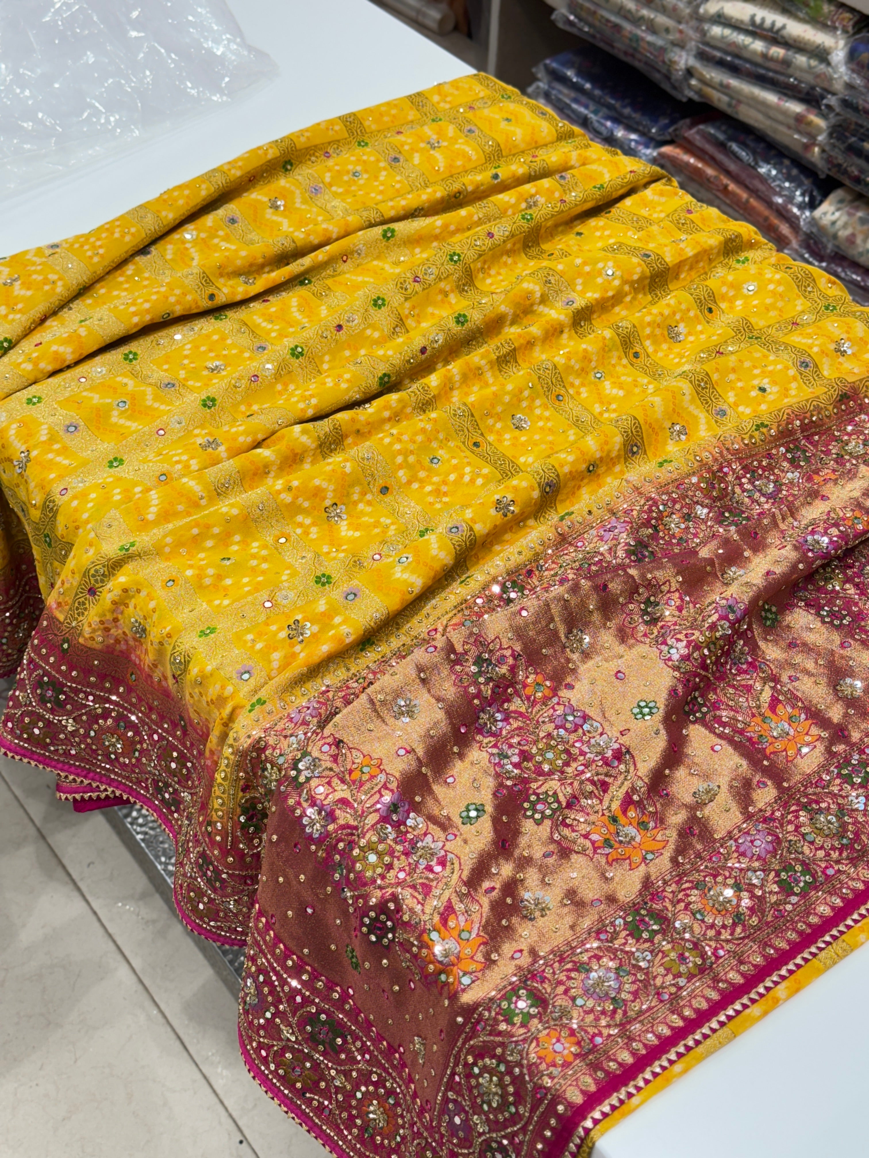 Yellow Rani Meenakari Gharchola Hand Embroidery Saree