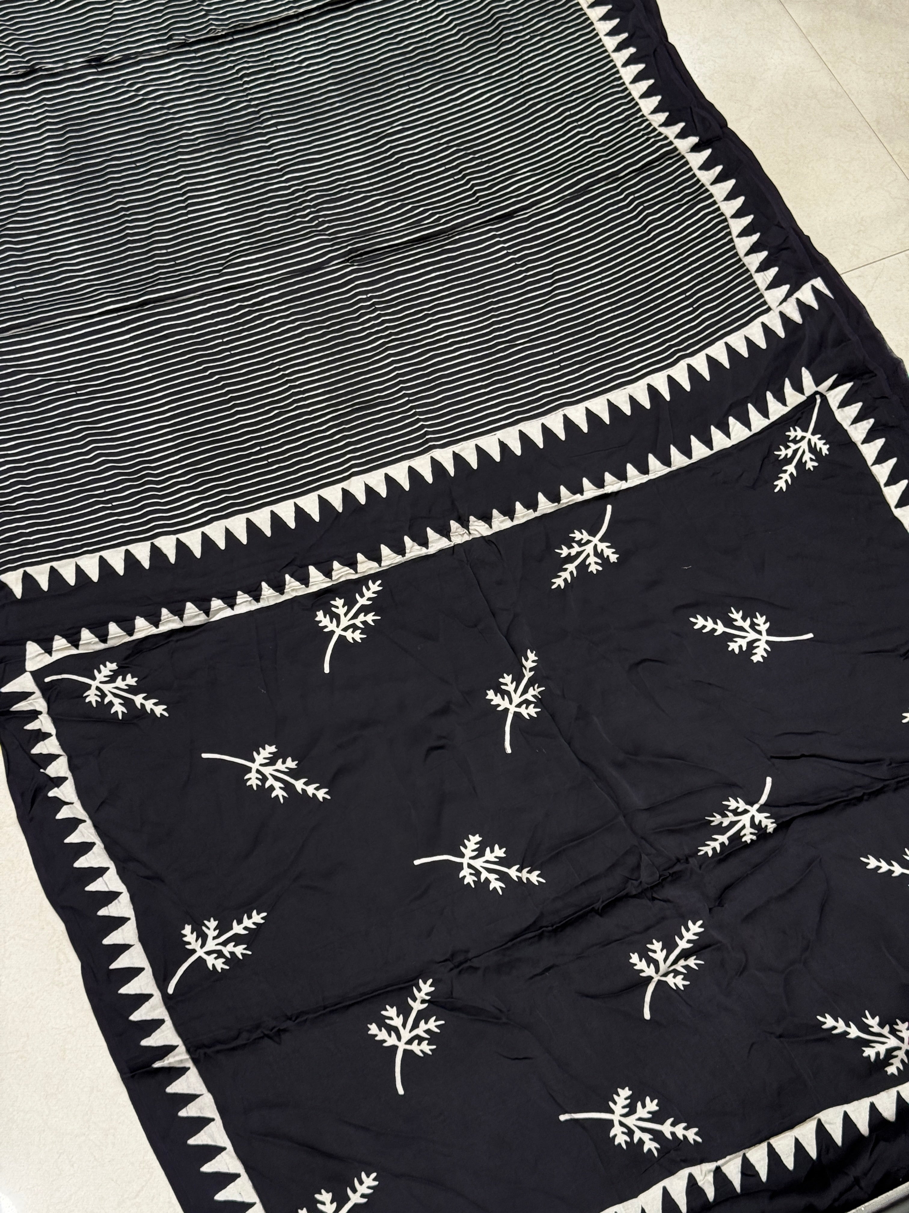 Black Contemporary Leaf Pallu Ajrakh Hand Block Print Pure Gajji Silk Saree