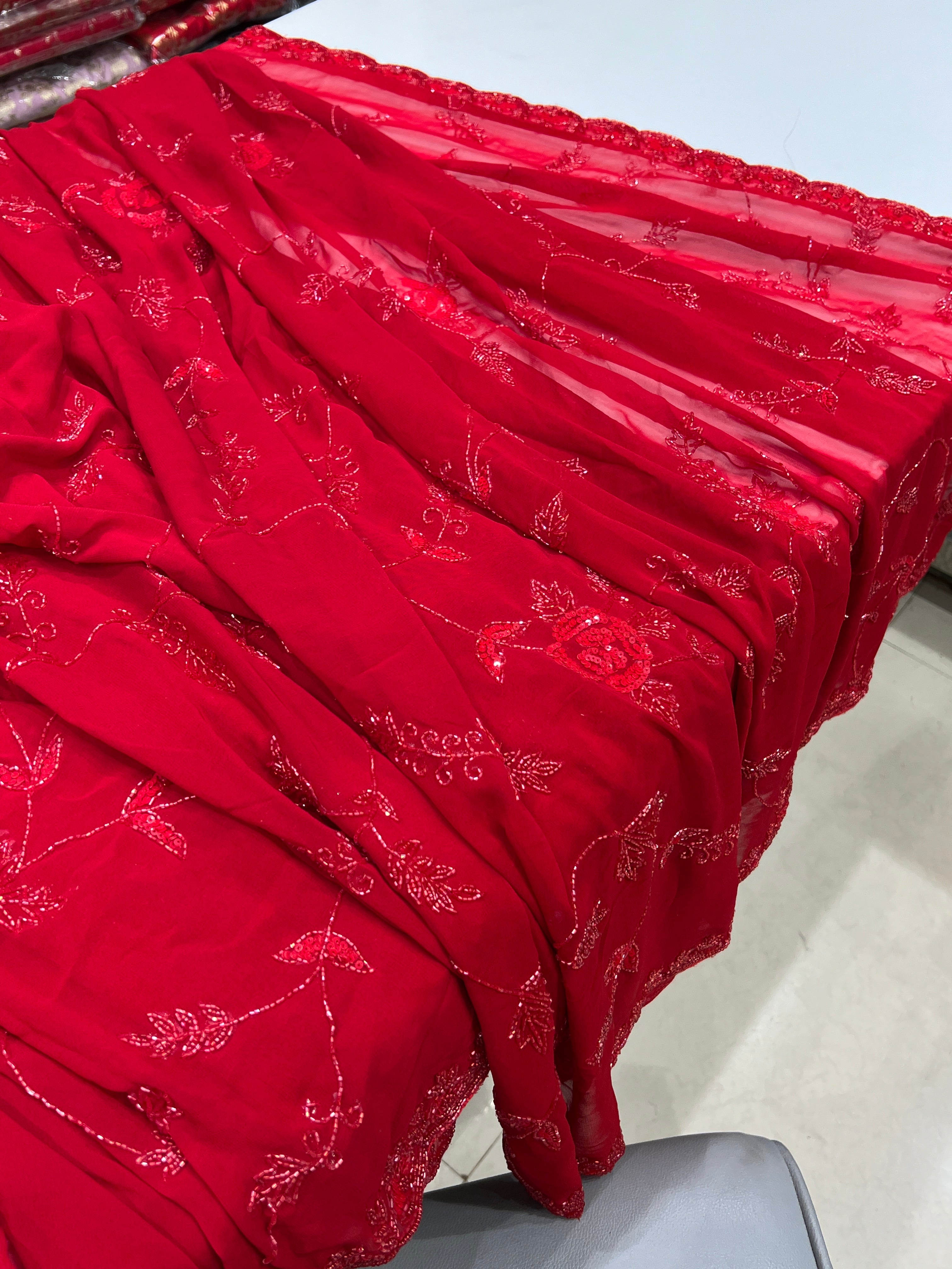 Red on Red Georgette Hand Embroidered Jaal