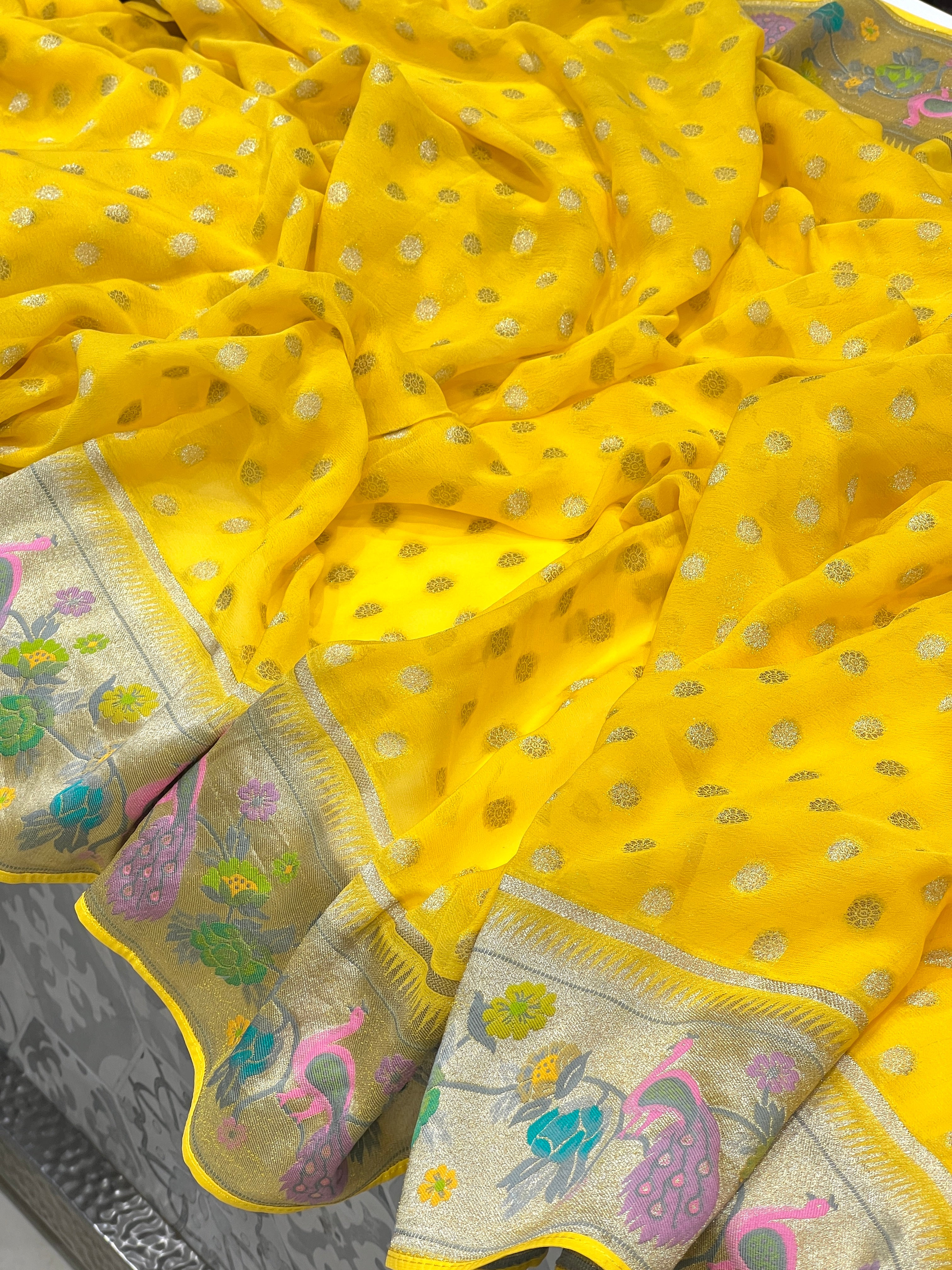 Yellow Georgette Paithani Buttis Saree