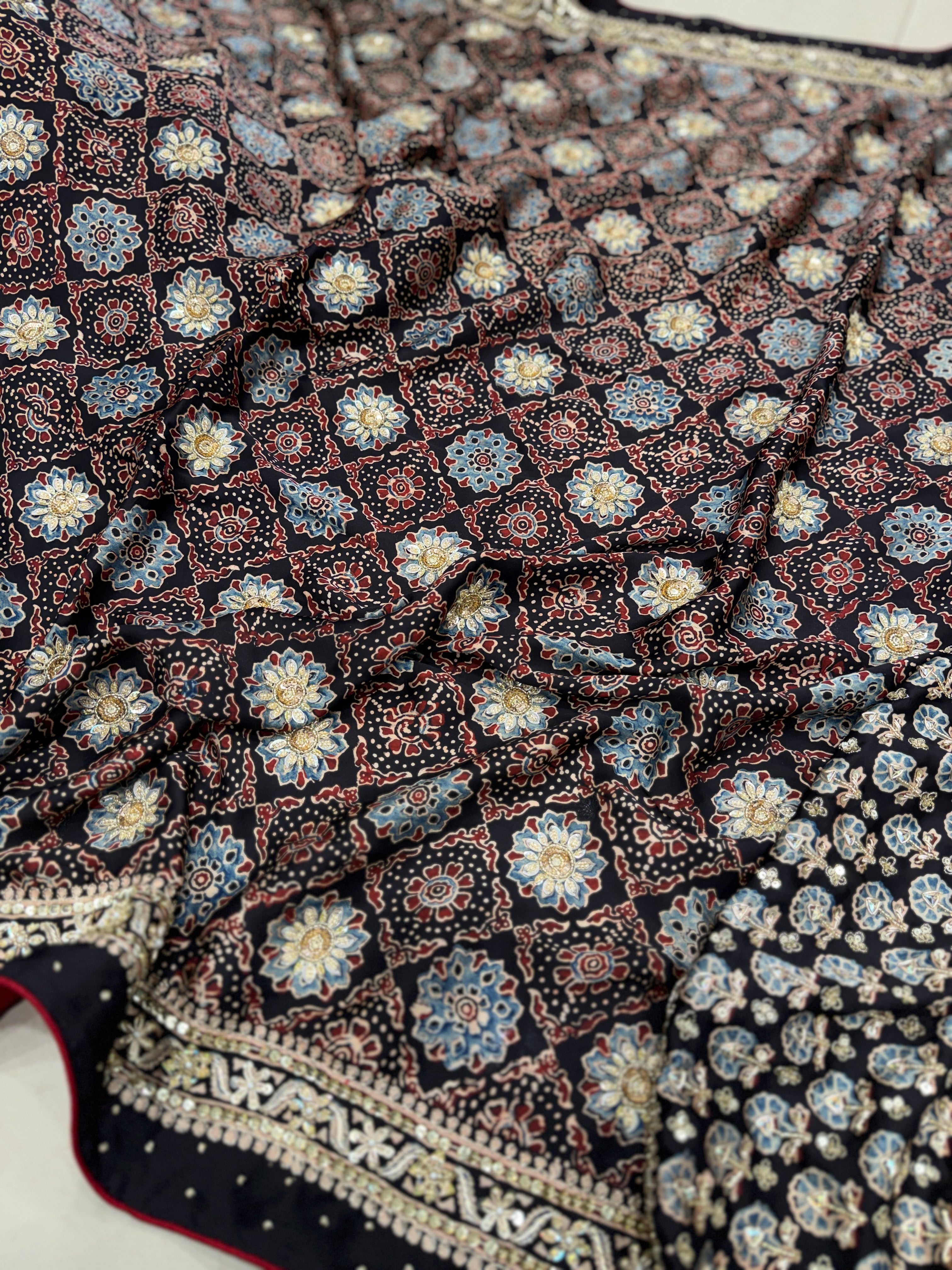 Black Floral Butta Pita Sequin Ajrakh Hand Embroidery Saree