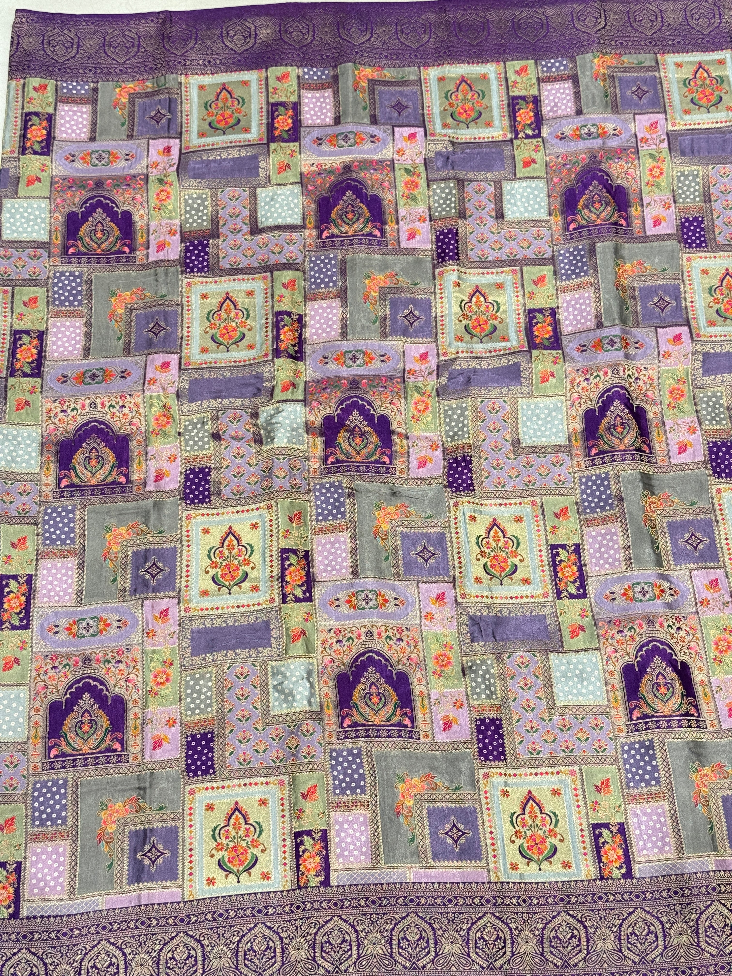 Violet Banarasi Modal Rangkat Satin Checkered Temple Silk Saree